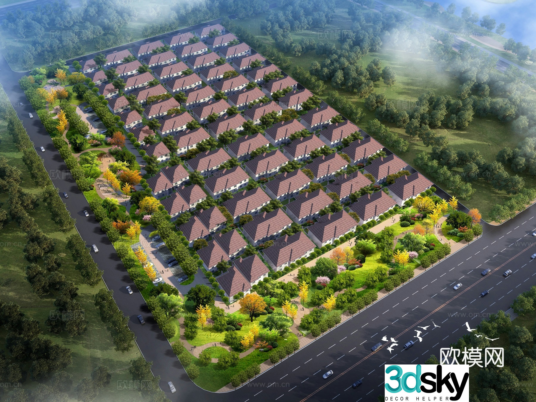 New Chinese style villa community aerial view 3D model