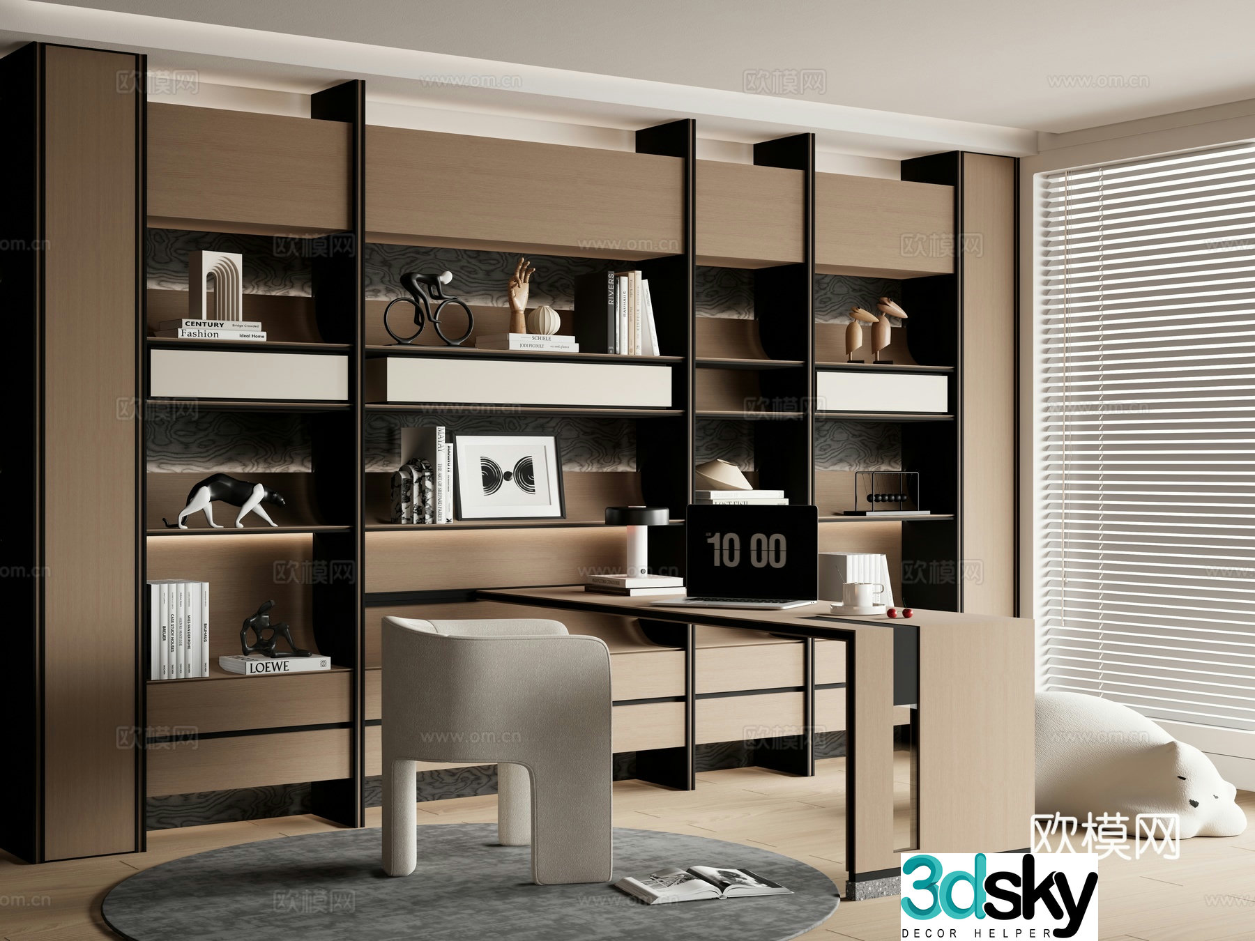 Modern desk wall-to-wall bookcase 3D model