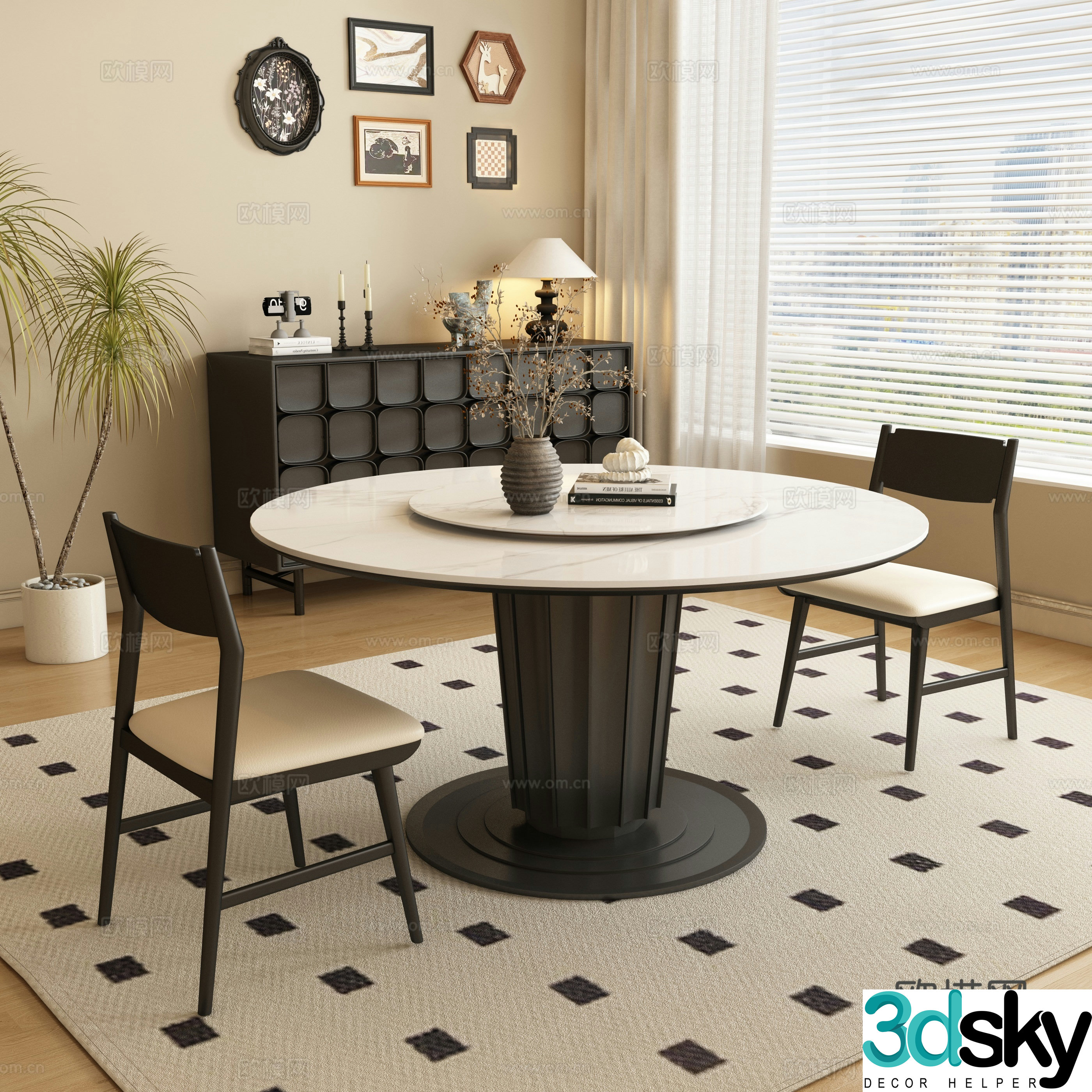 Medieval style round dining table and chairs 3d model