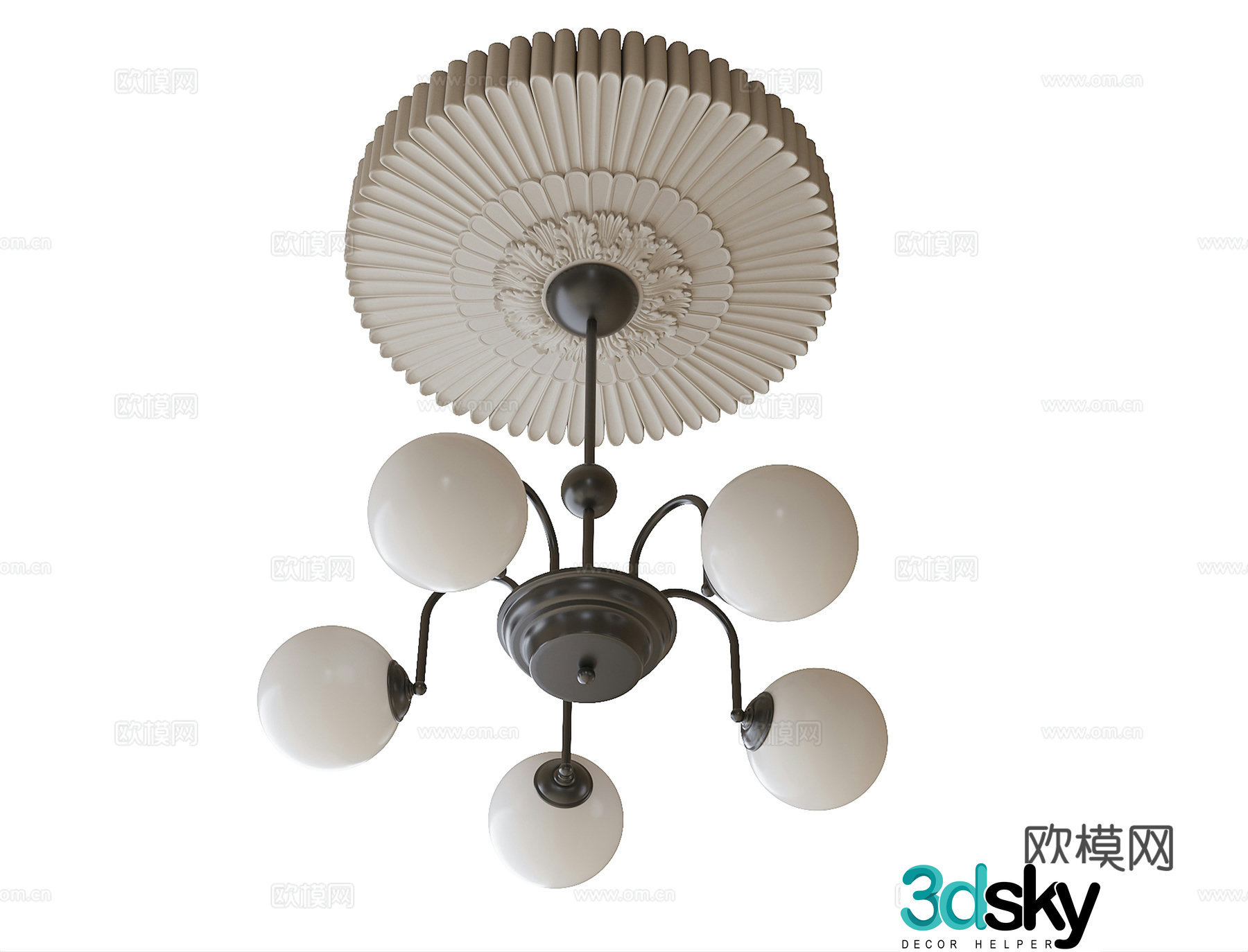 French multi-head chandelier carved lamp panel 3D model