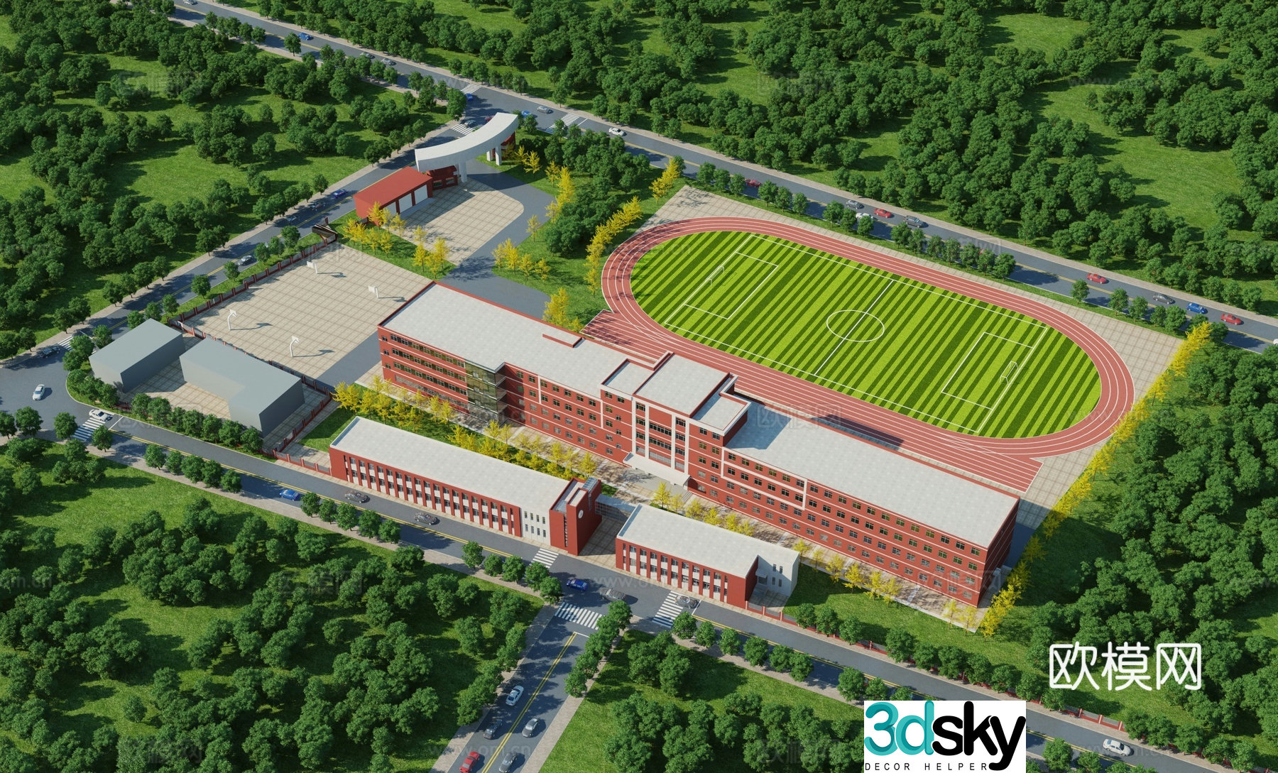Aerial view 3d model of modern school building