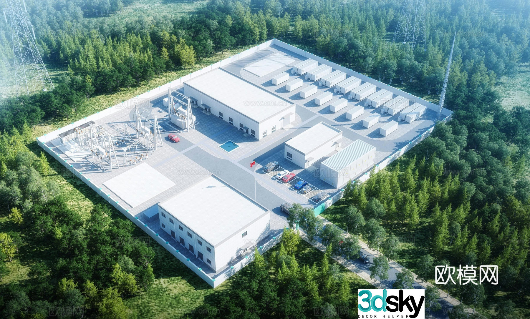 Aerial view 3d model of modern substation power plant