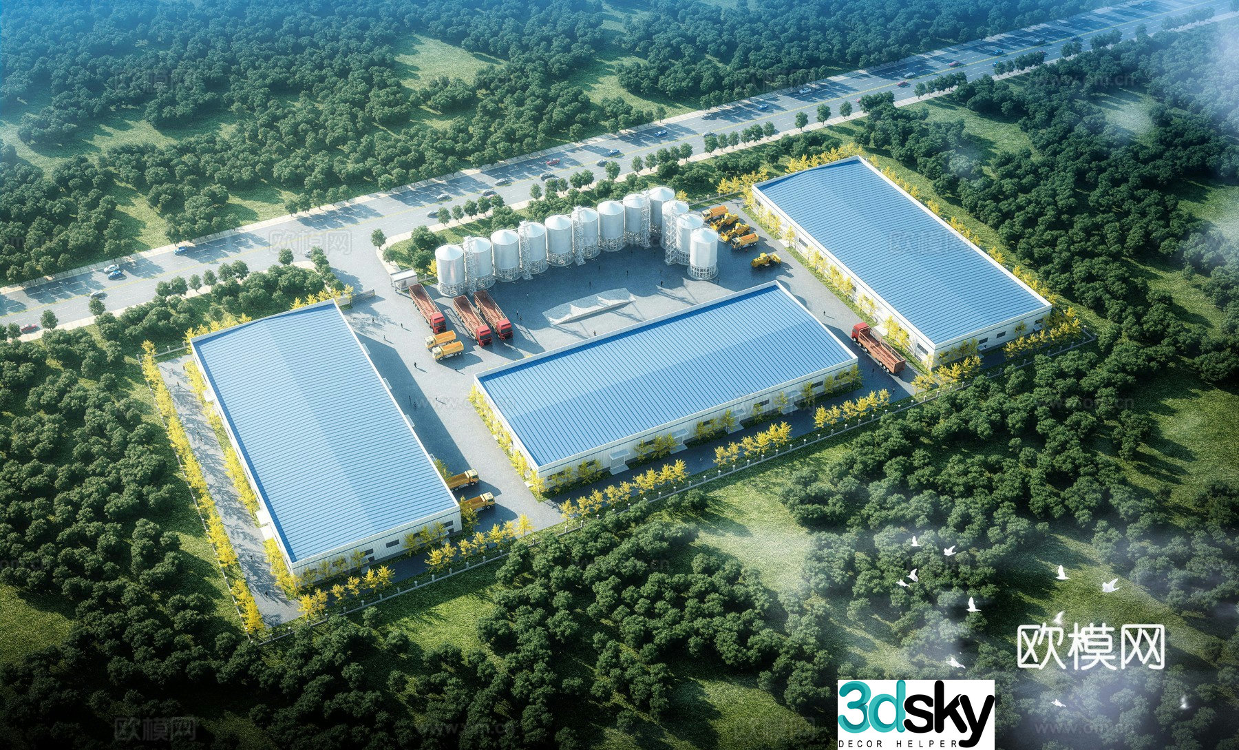 Aerial view 3d model of modern factory building
