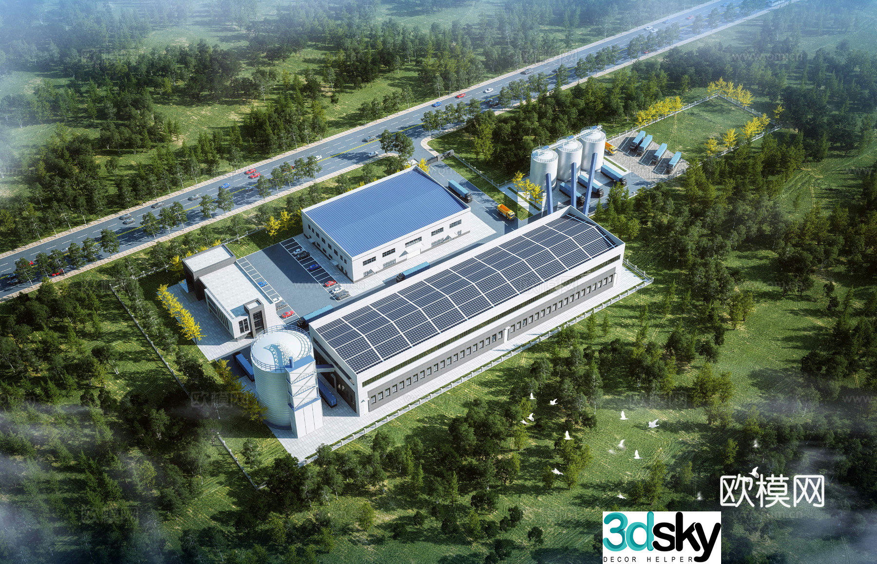 Aerial view 3d model of modern factory building