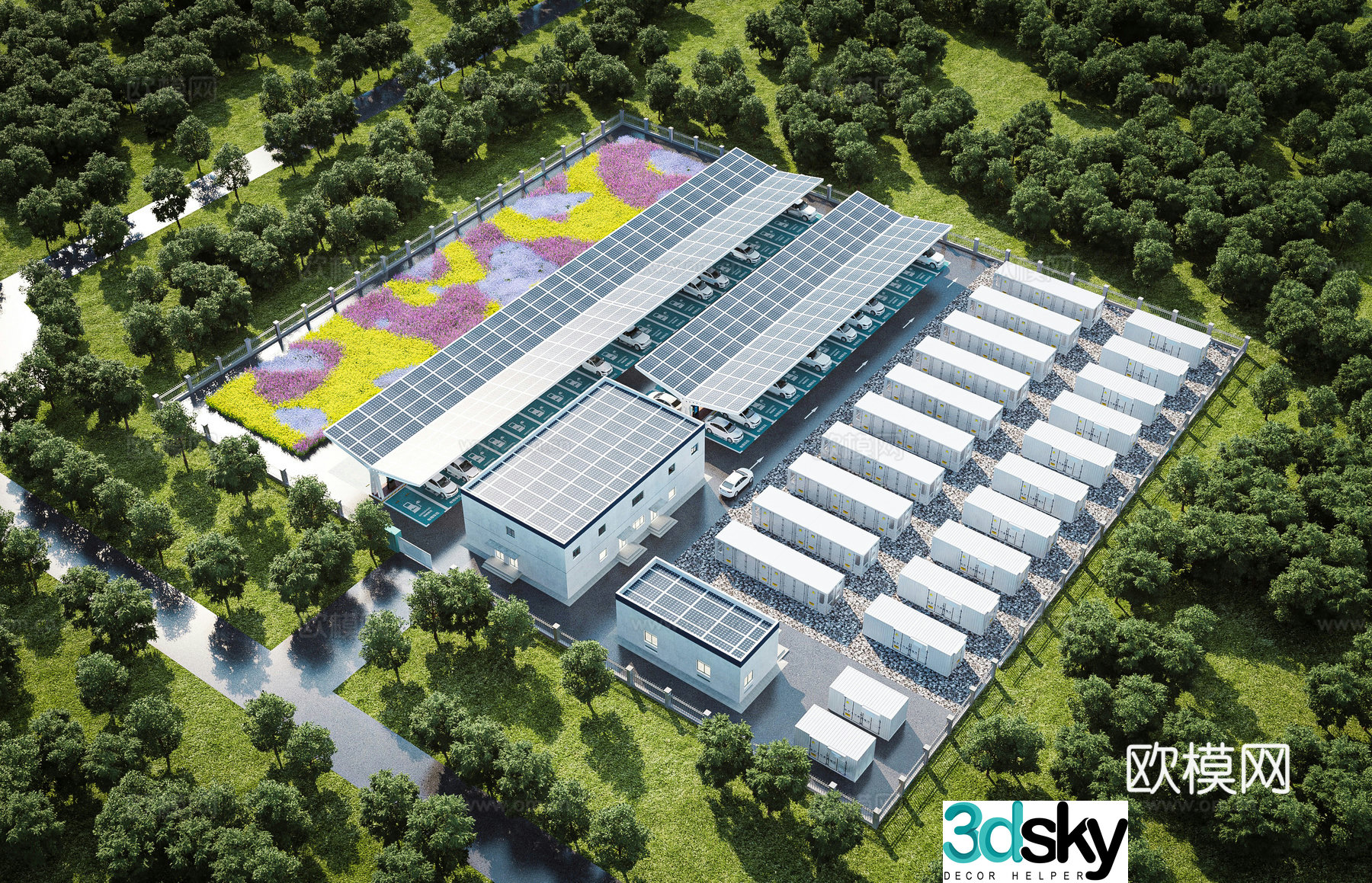 Aerial view 3d model of modern substation