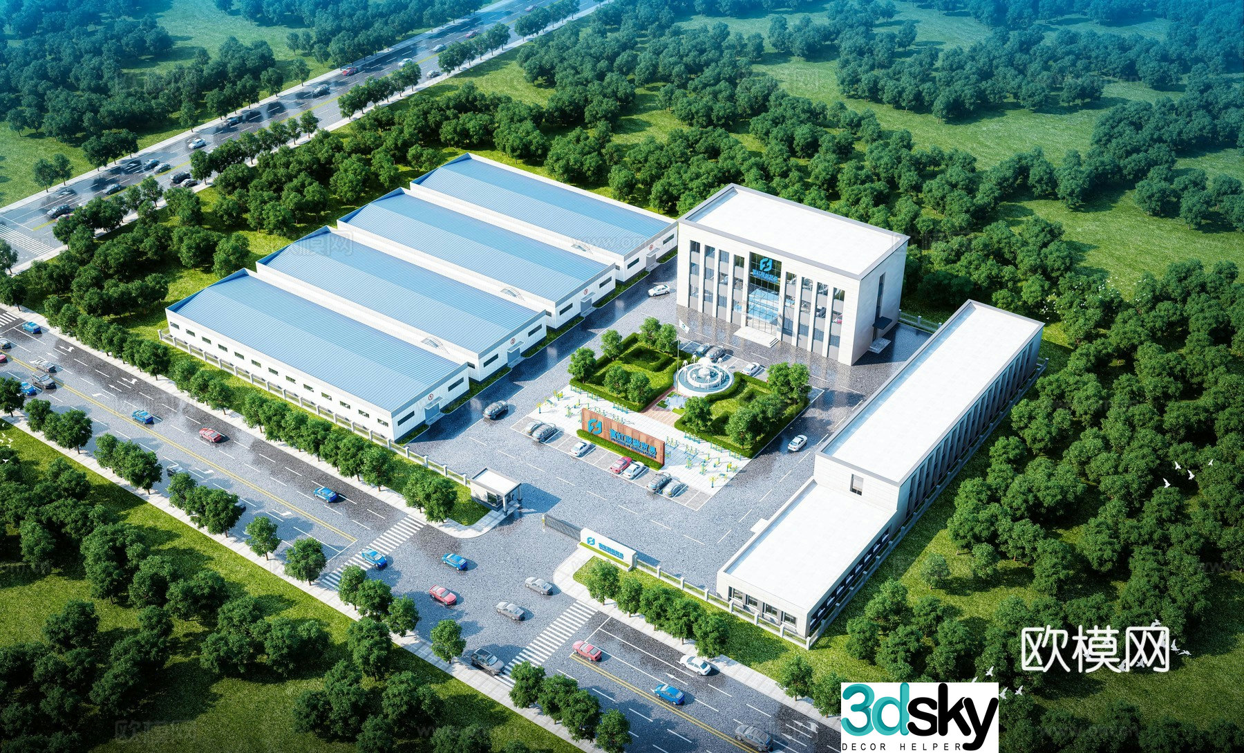 Aerial view 3d model of modern factory building