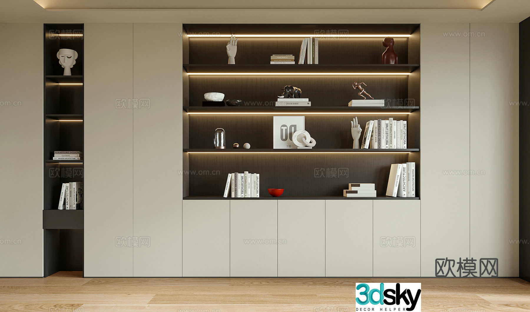 Modern wall-to-wall bookcase bookshelf 3d model
