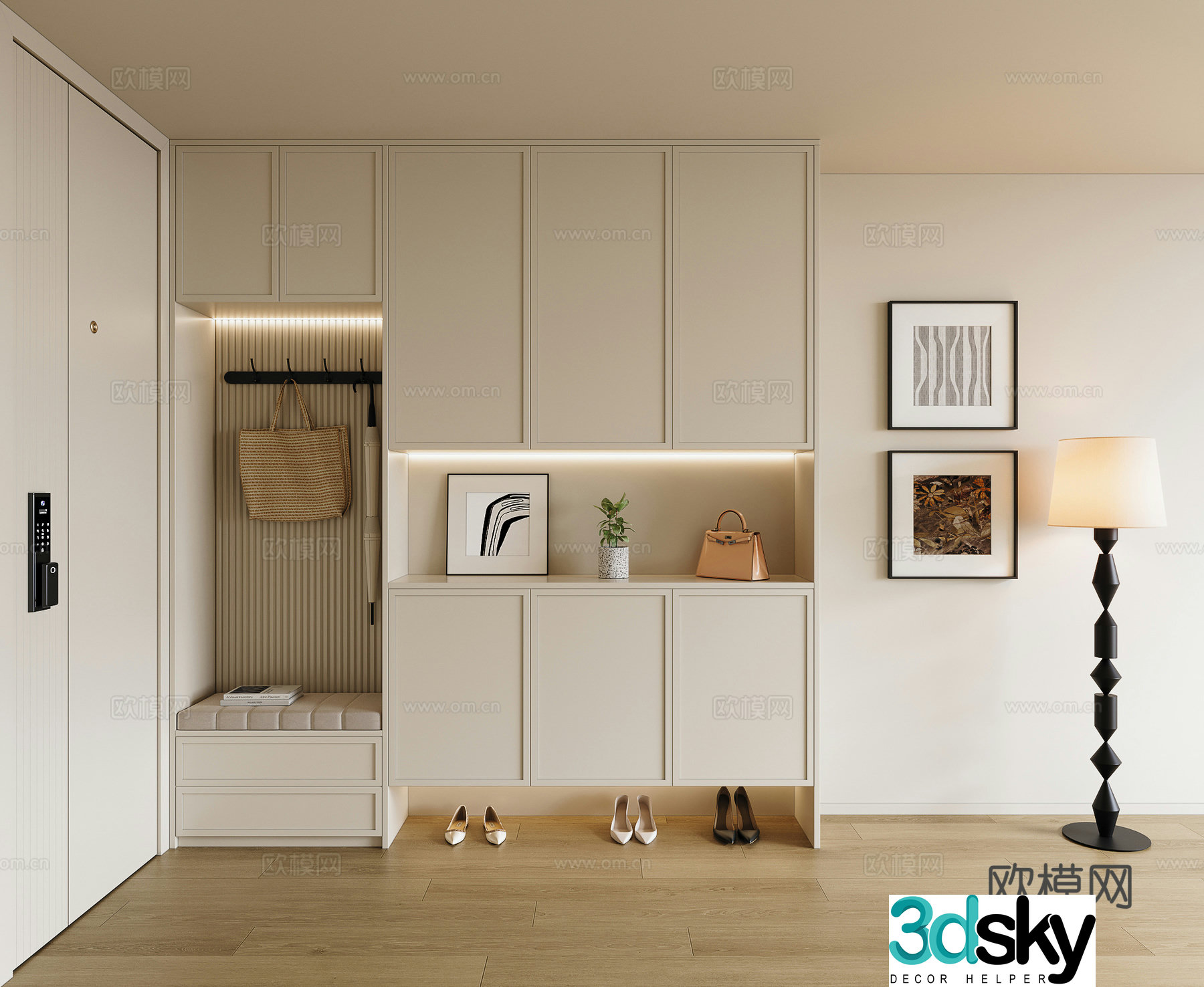 Cream style shoe cabinet 3D model of home shoe cabinet