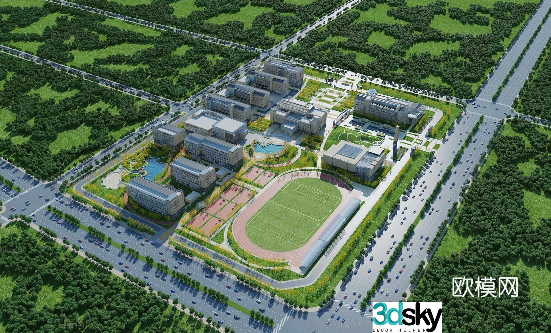 Aerial view 3d model of modern school building