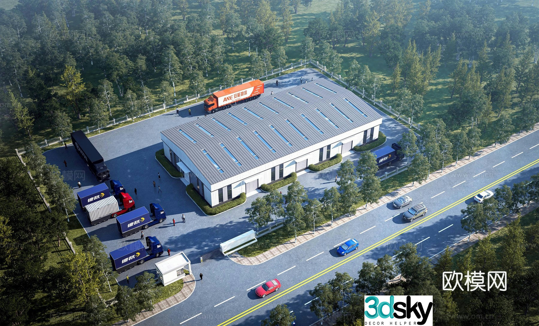 Aerial view 3d model of modern factory building