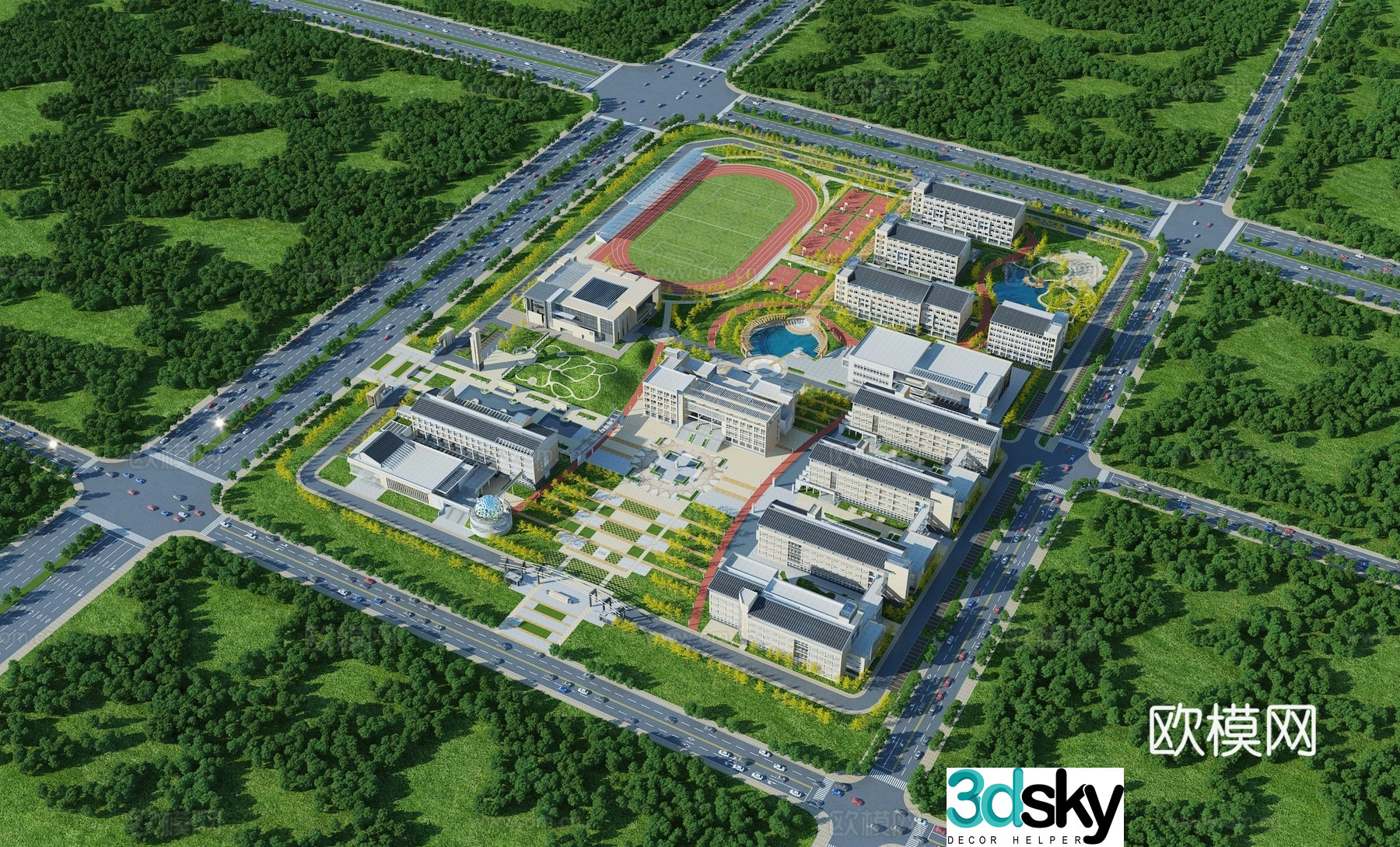 Aerial view 3d model of modern school building