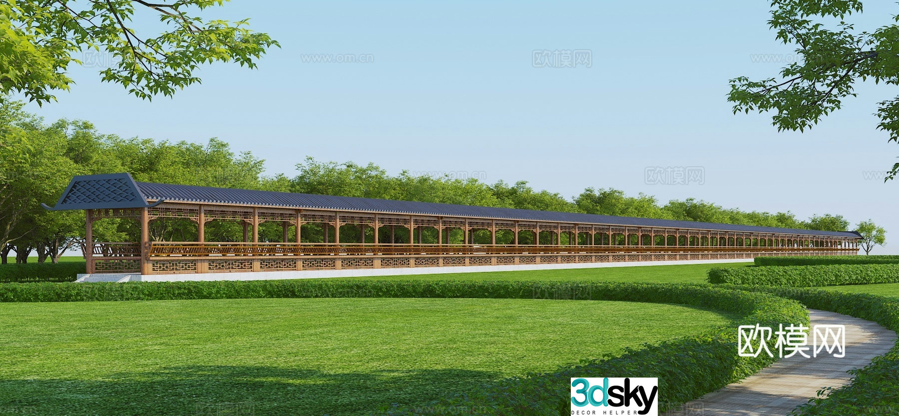 Chinese style promenade landscape corridor gallery 3D model