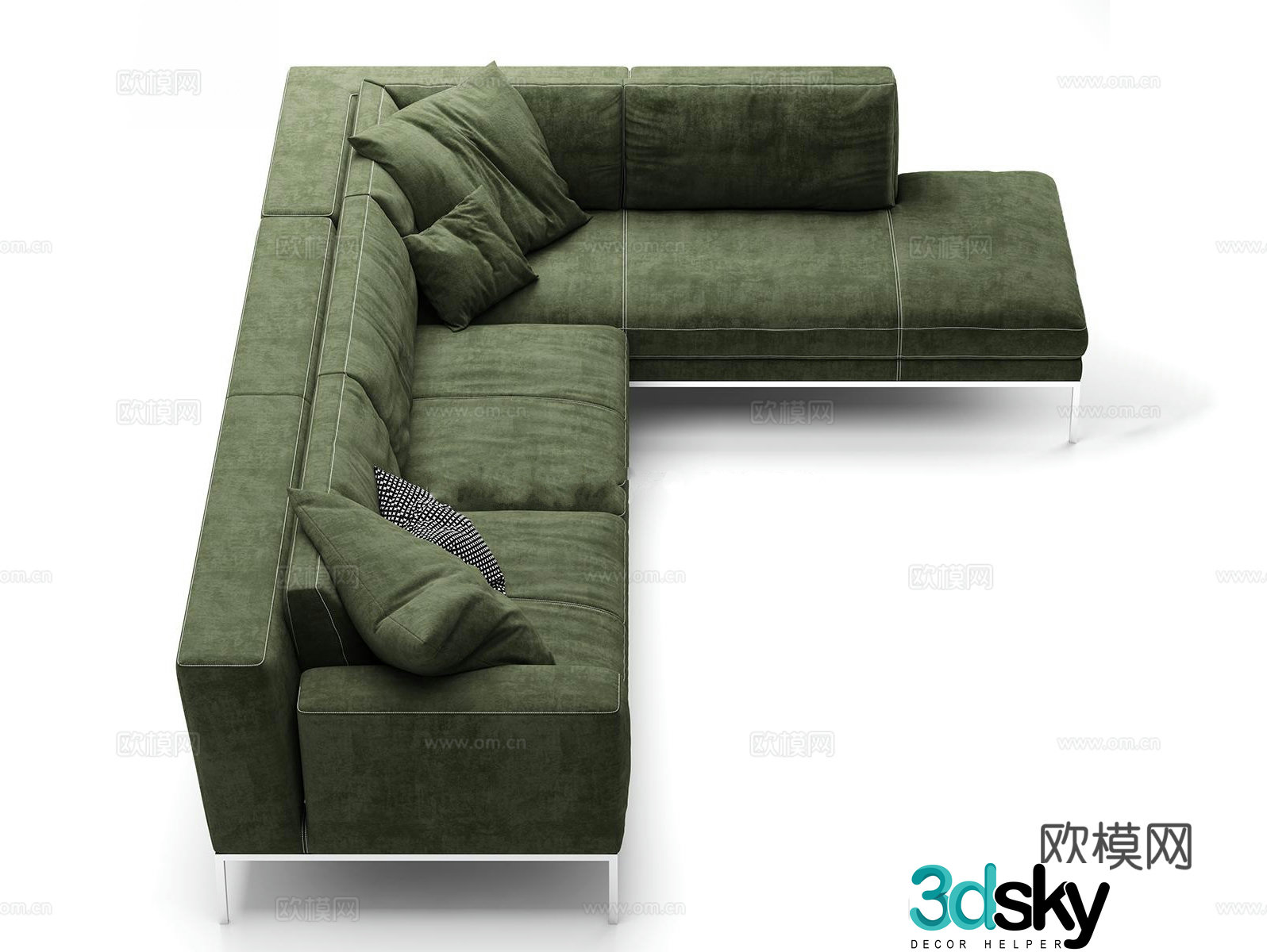 Dark green corner sofa fabric sofa multi-person sofa 3d model