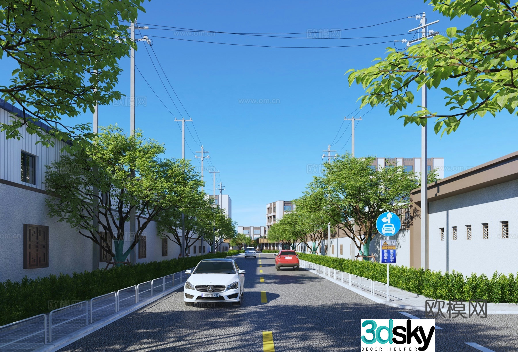 3D model of new Chinese-style commercial buildings along the street