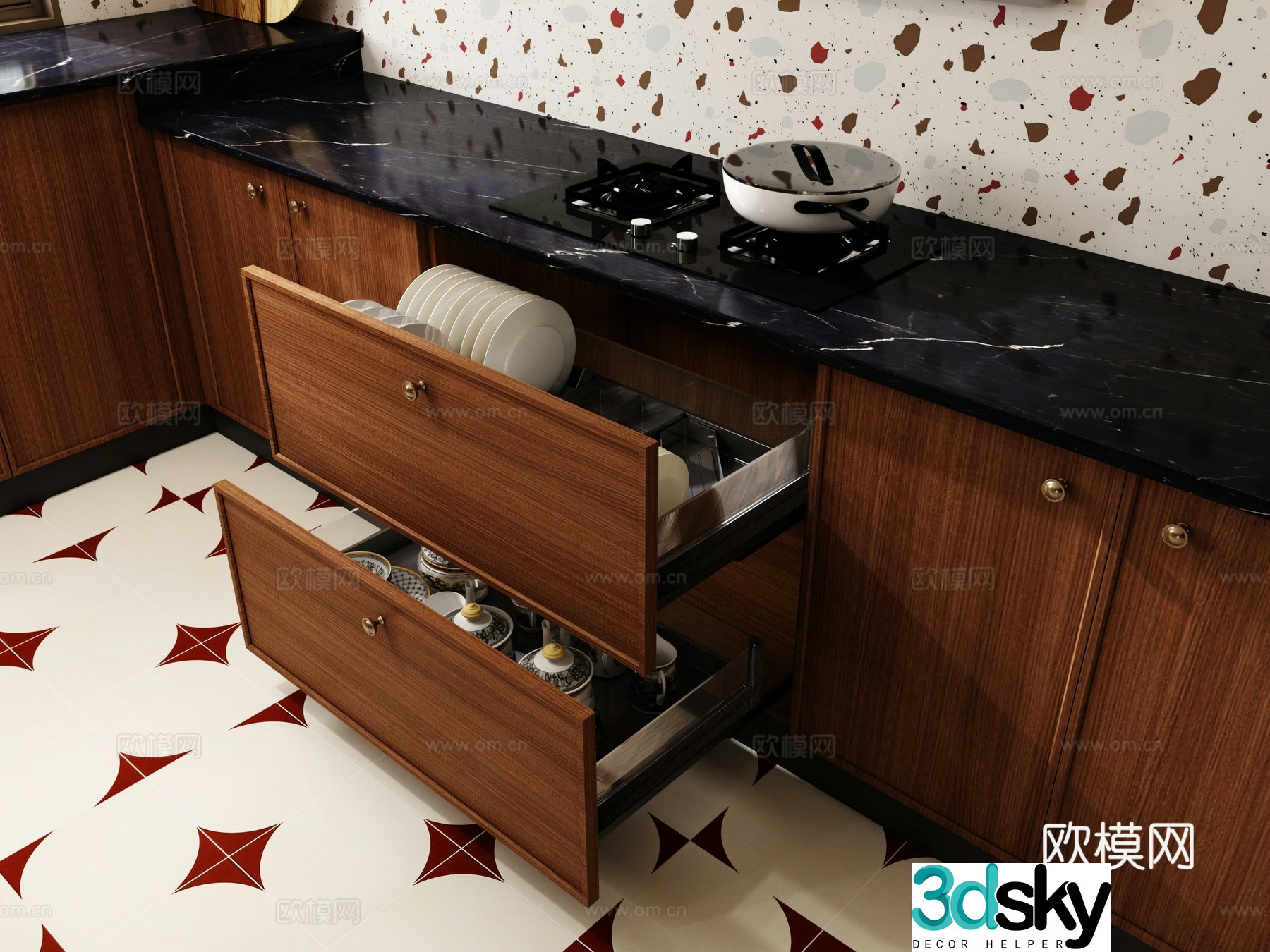 Medieval style kitchen drawer storage cabinet 3d model