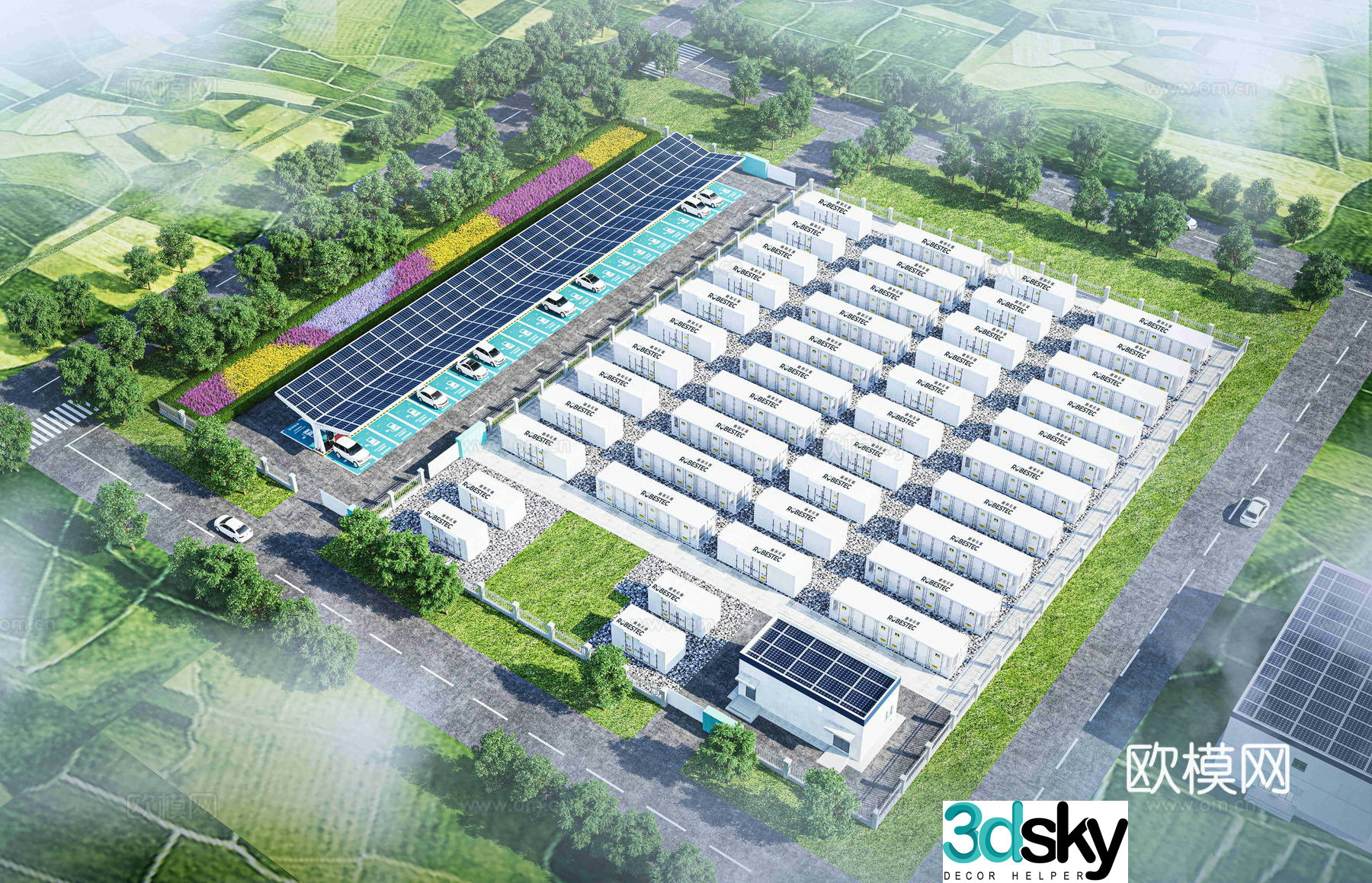 Aerial view 3d model of modern substation