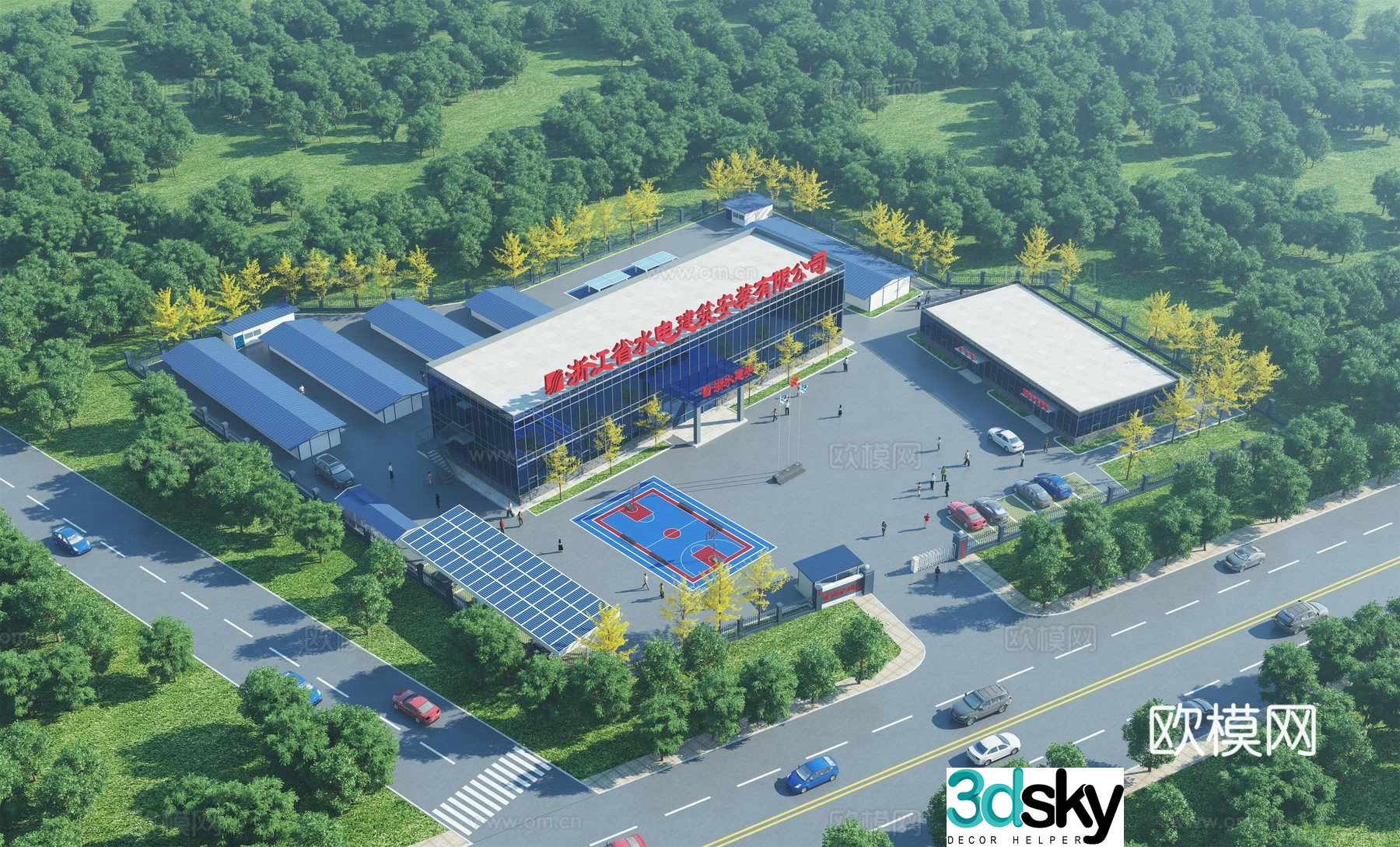 Aerial view 3d model of modern project department board house building
