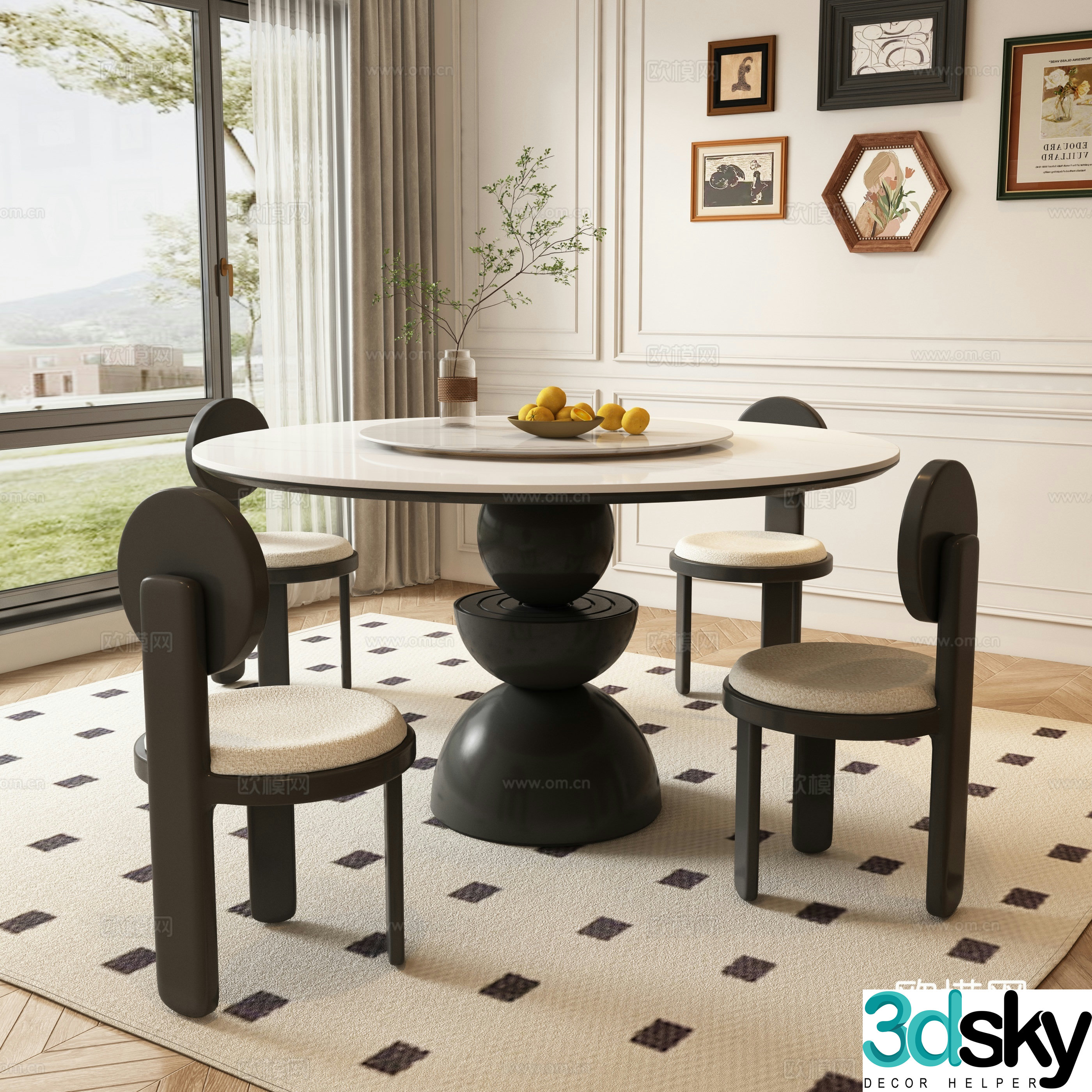 French round dining table and chairs 3d model