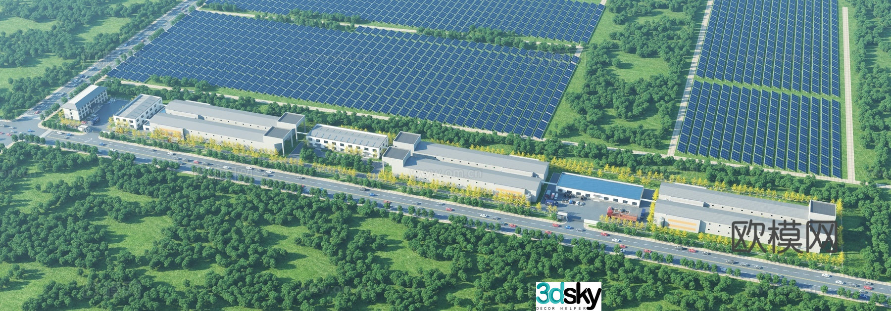 Aerial view 3d model of modern chicken coop farm building