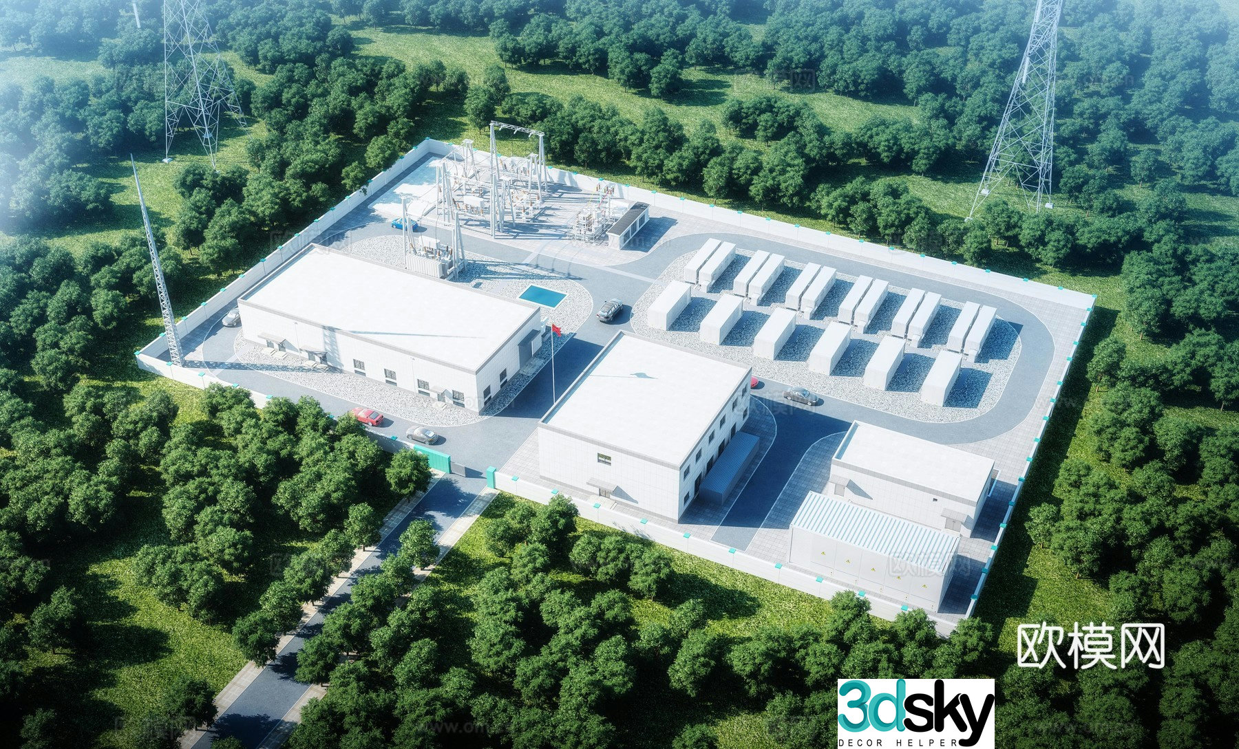 Aerial view 3d model of modern substation power plant