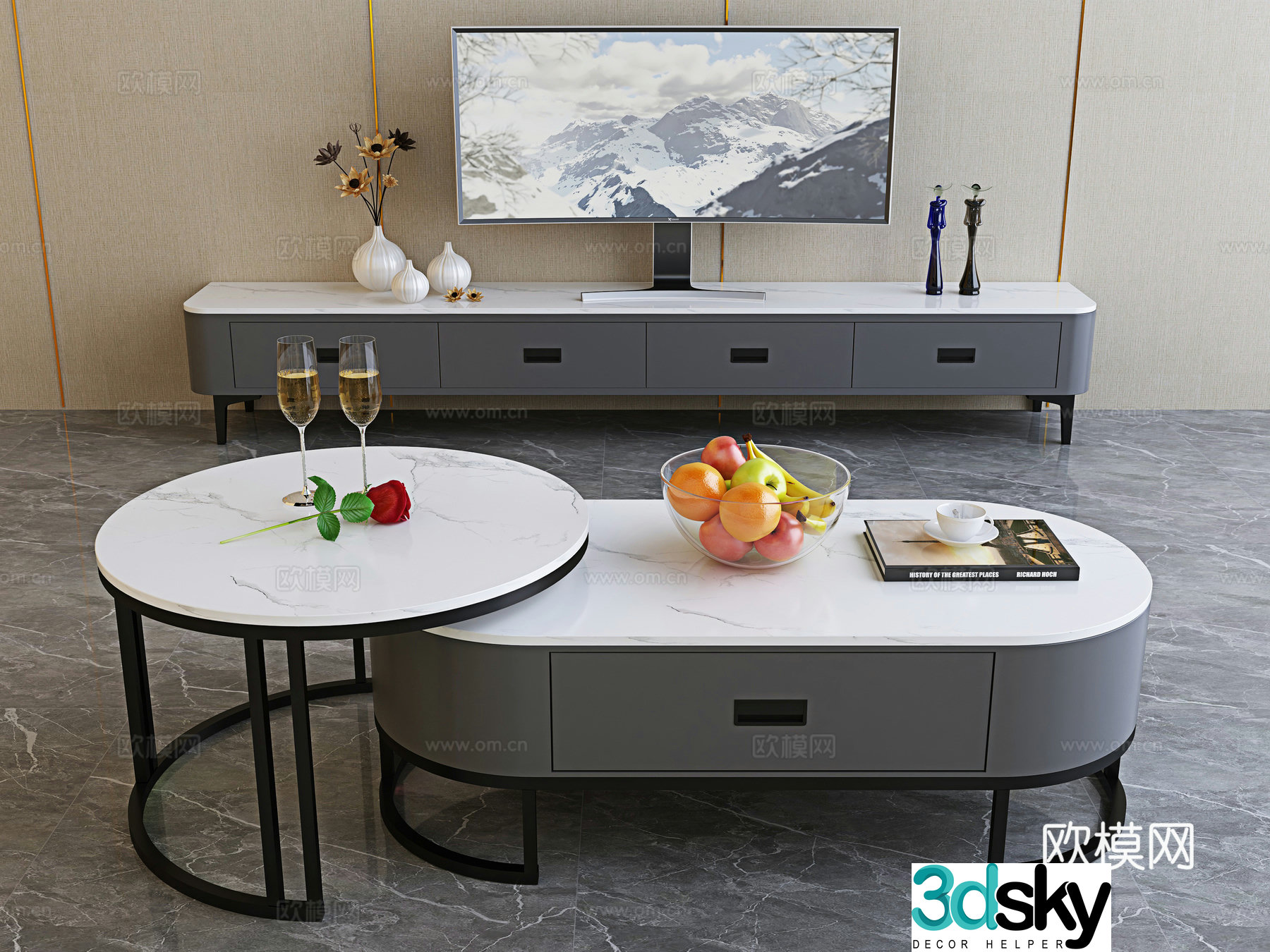 Modern round coffee table finished TV cabinet 3d model