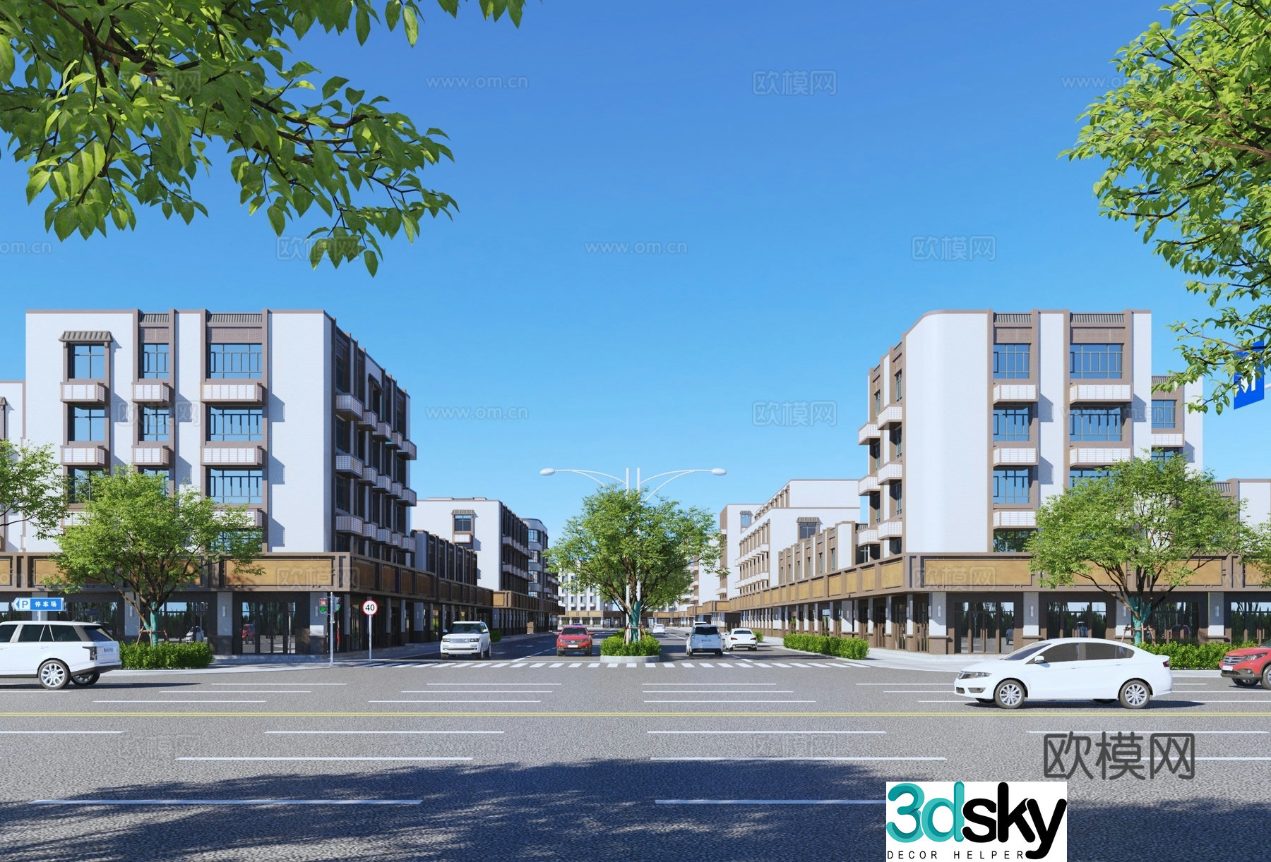 3D model of new Chinese-style commercial buildings along the street