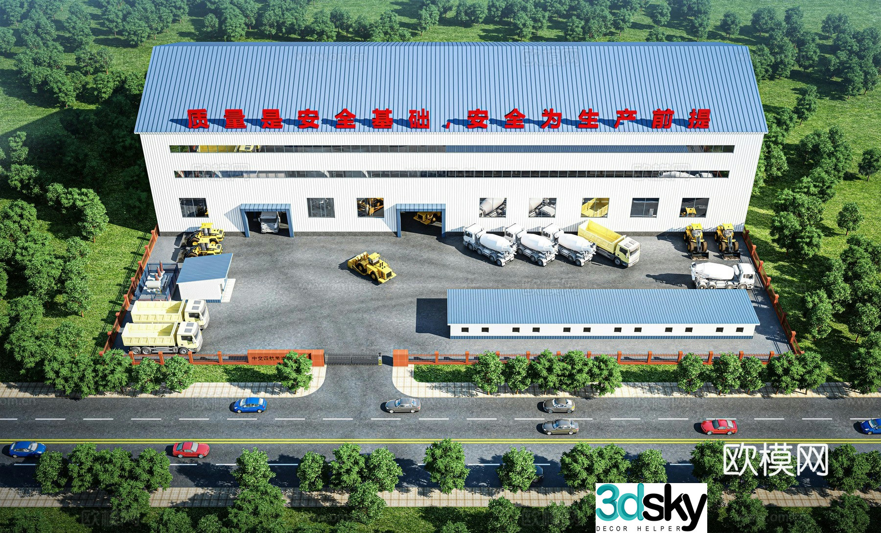 Modern mixing station plant aerial view 3d model