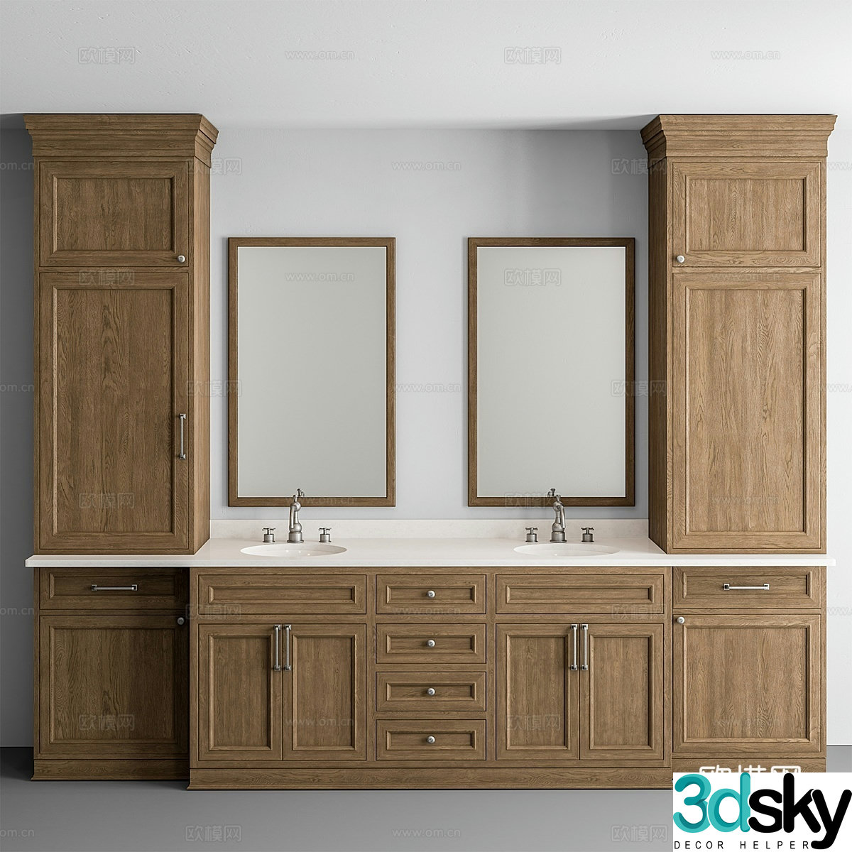 American solid wood bathroom cabinet double basin washbasin 3D model