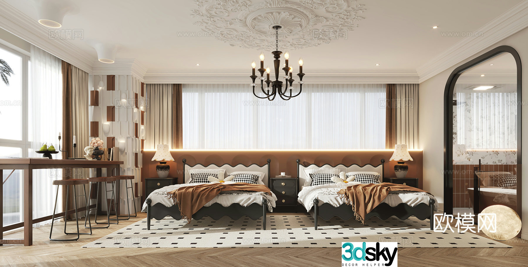French style B&B bedroom twin room 3d model