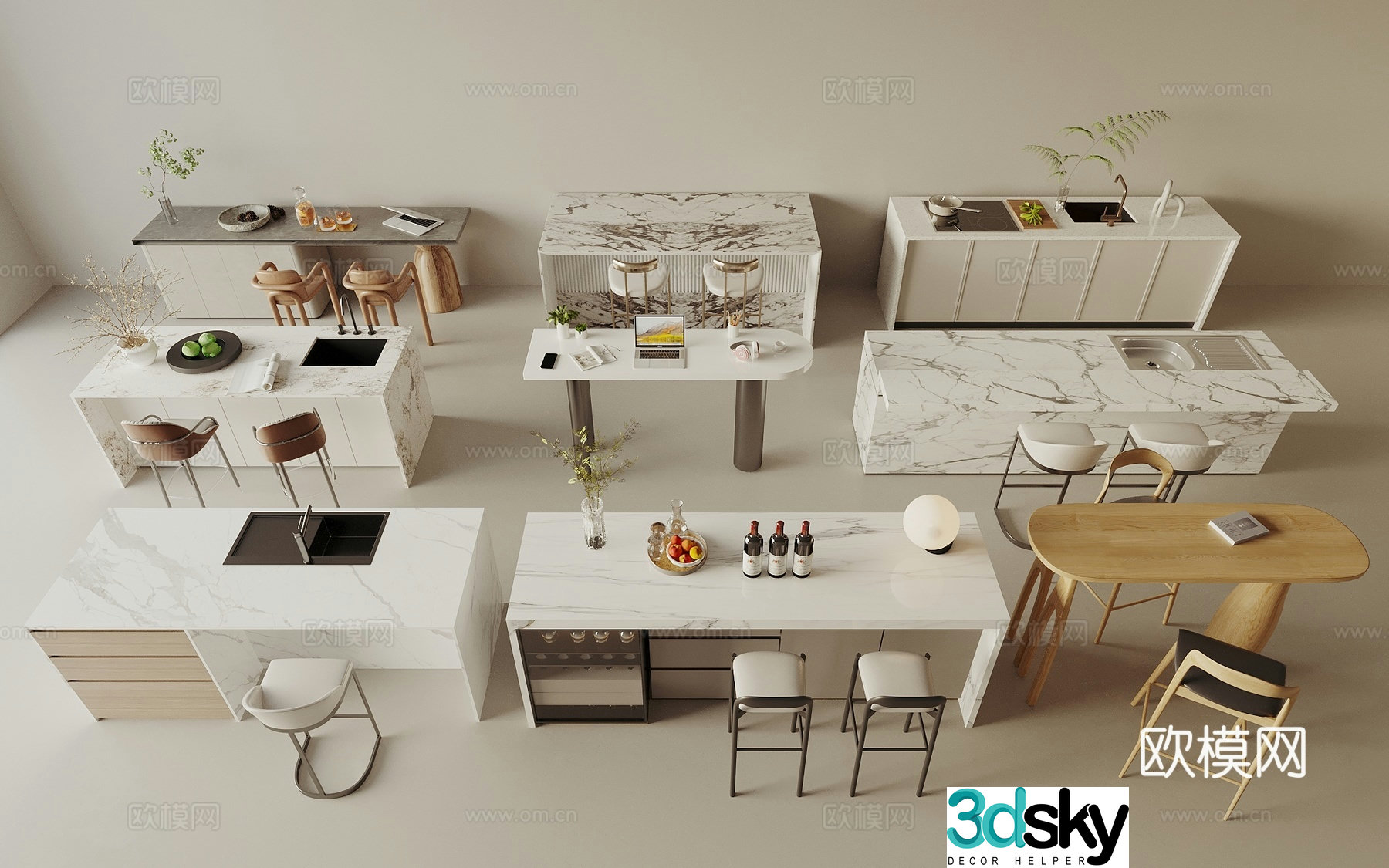 Modern bar counter bar chair island table 3d model