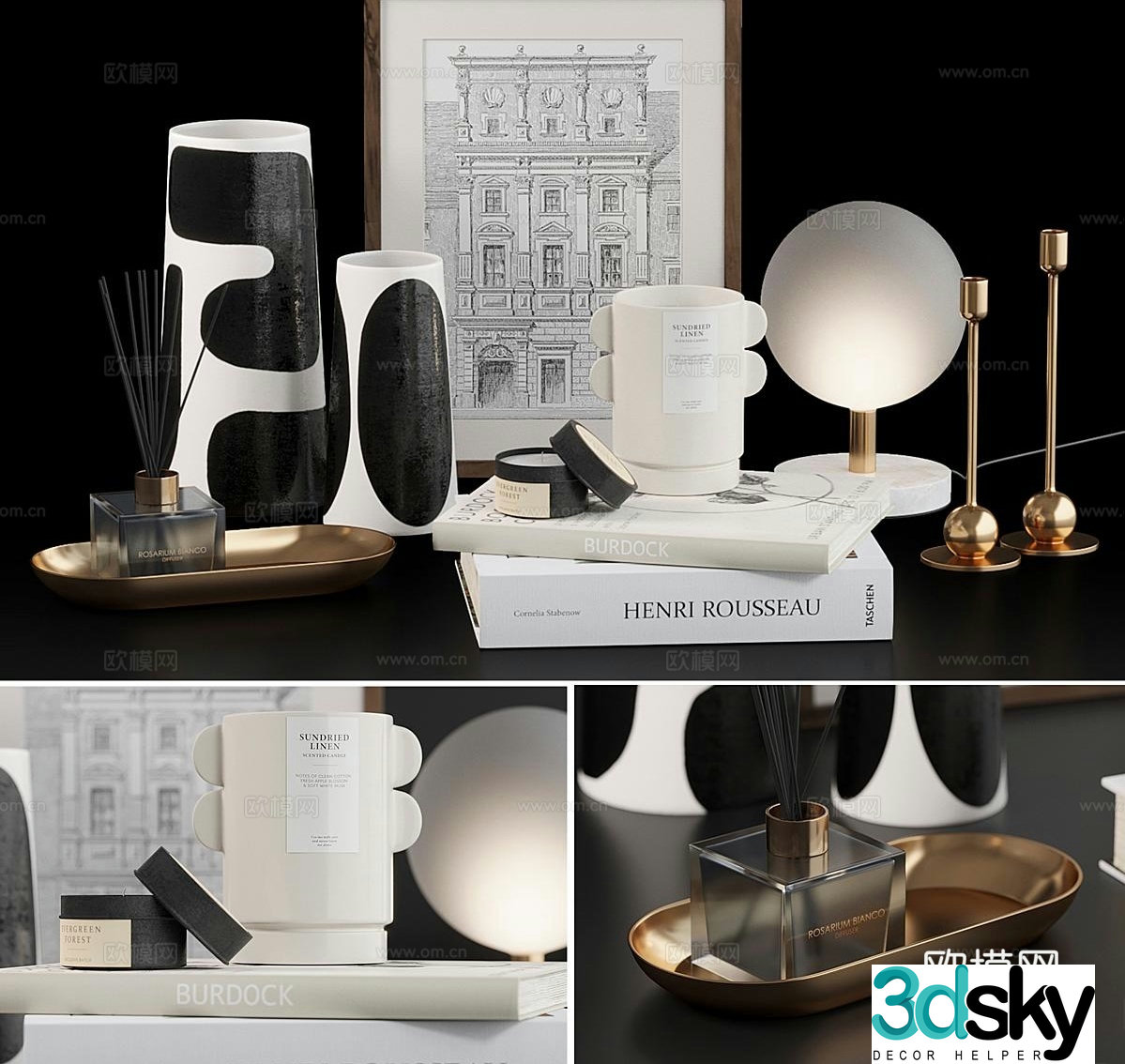Modern decorations tableware books hanging paintings 3D model