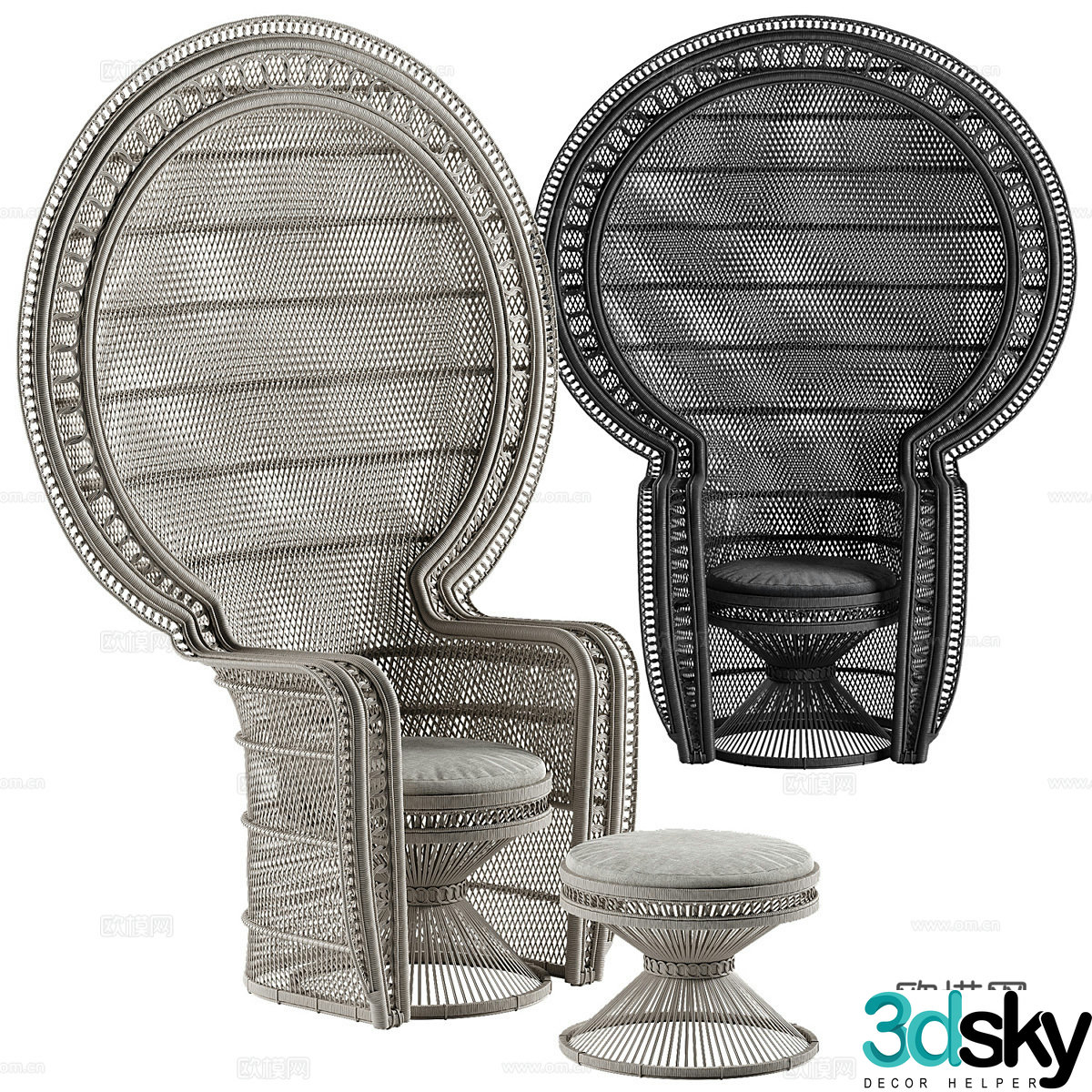 Southeast Asian rattan chair leisure chair and stool outdoor chair 3D model