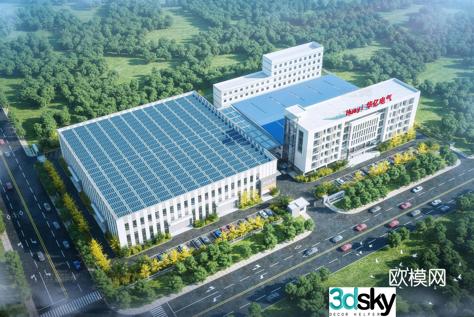 Aerial view 3d model of modern factory building