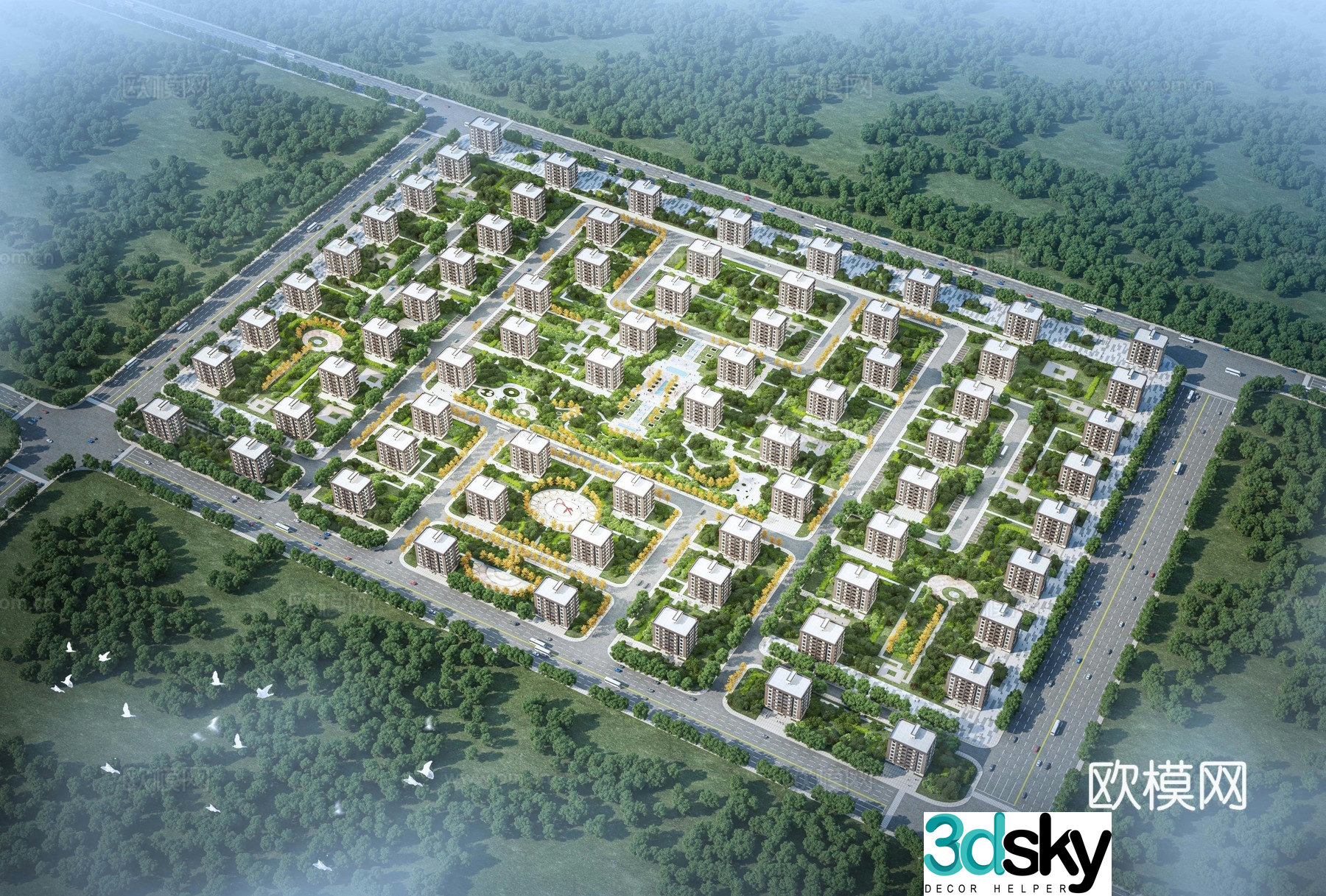 Aerial view 3d model of modern residential complex