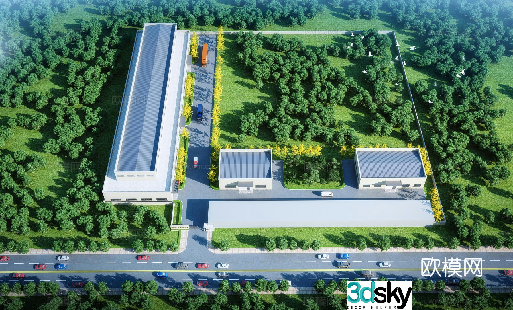 Aerial view 3d model of modern factory building