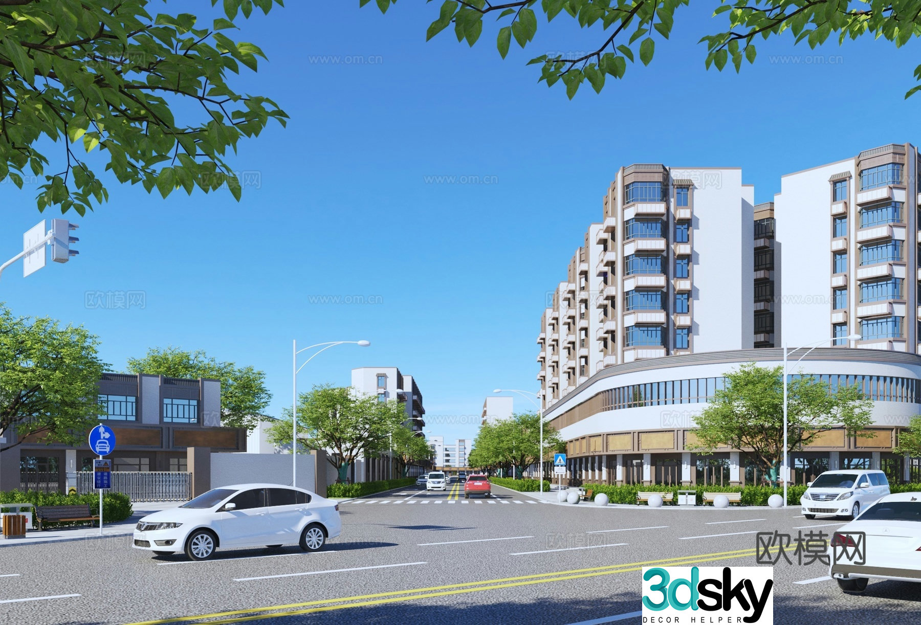 3D model of new Chinese-style commercial buildings along the street
