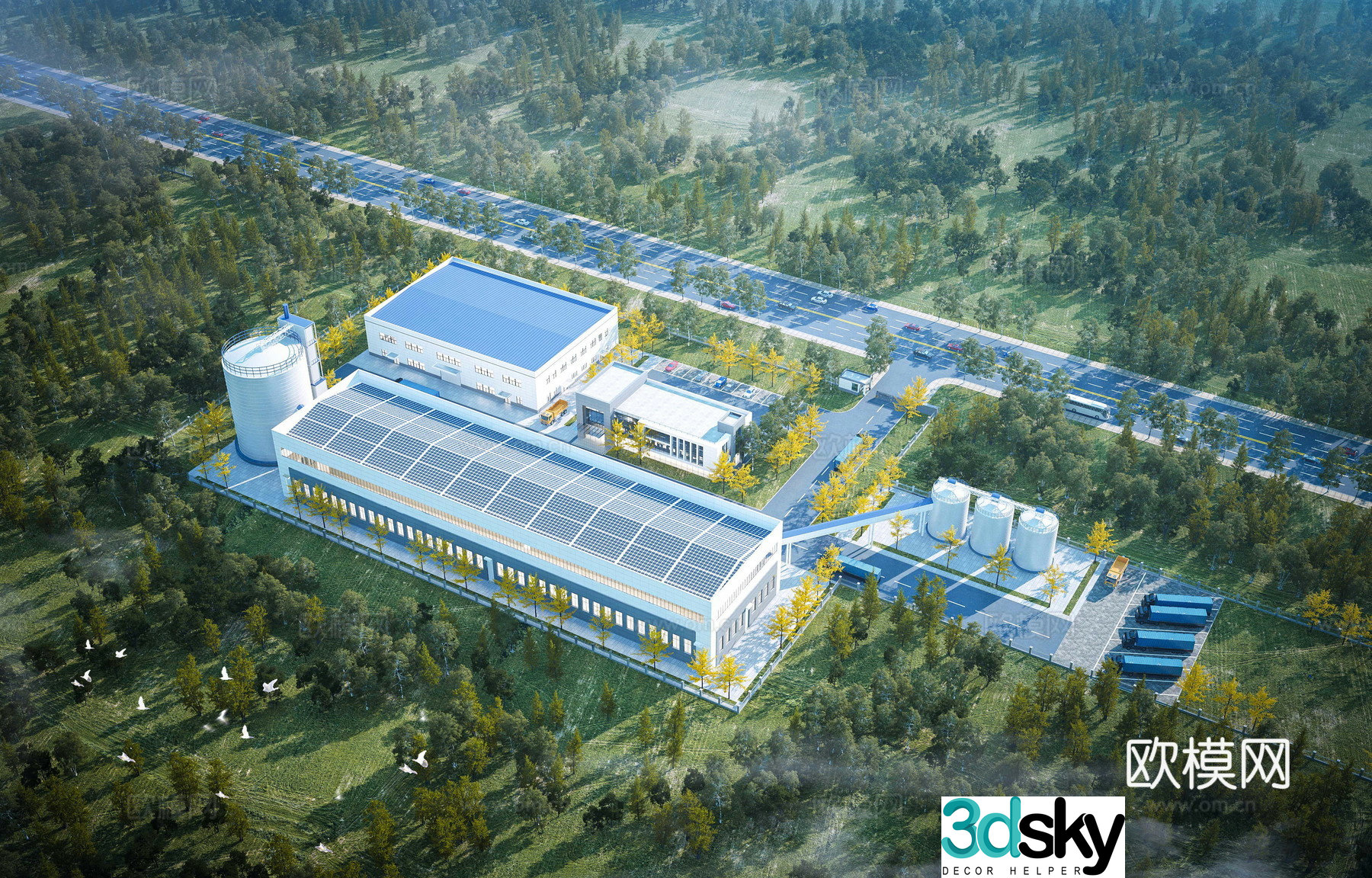 Aerial view 3d model of modern factory building