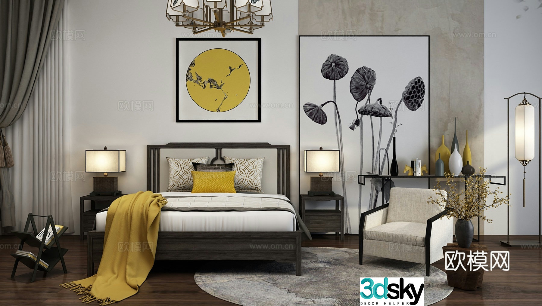 New Chinese style double bed 3d model