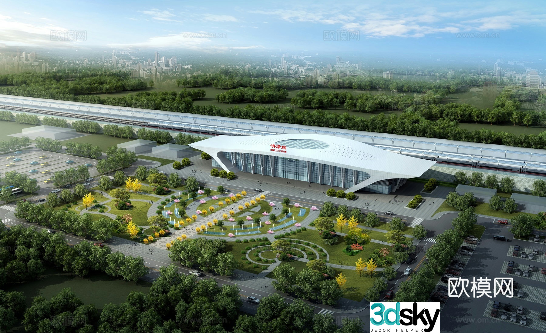 Aerial view 3d model of high speed rail station