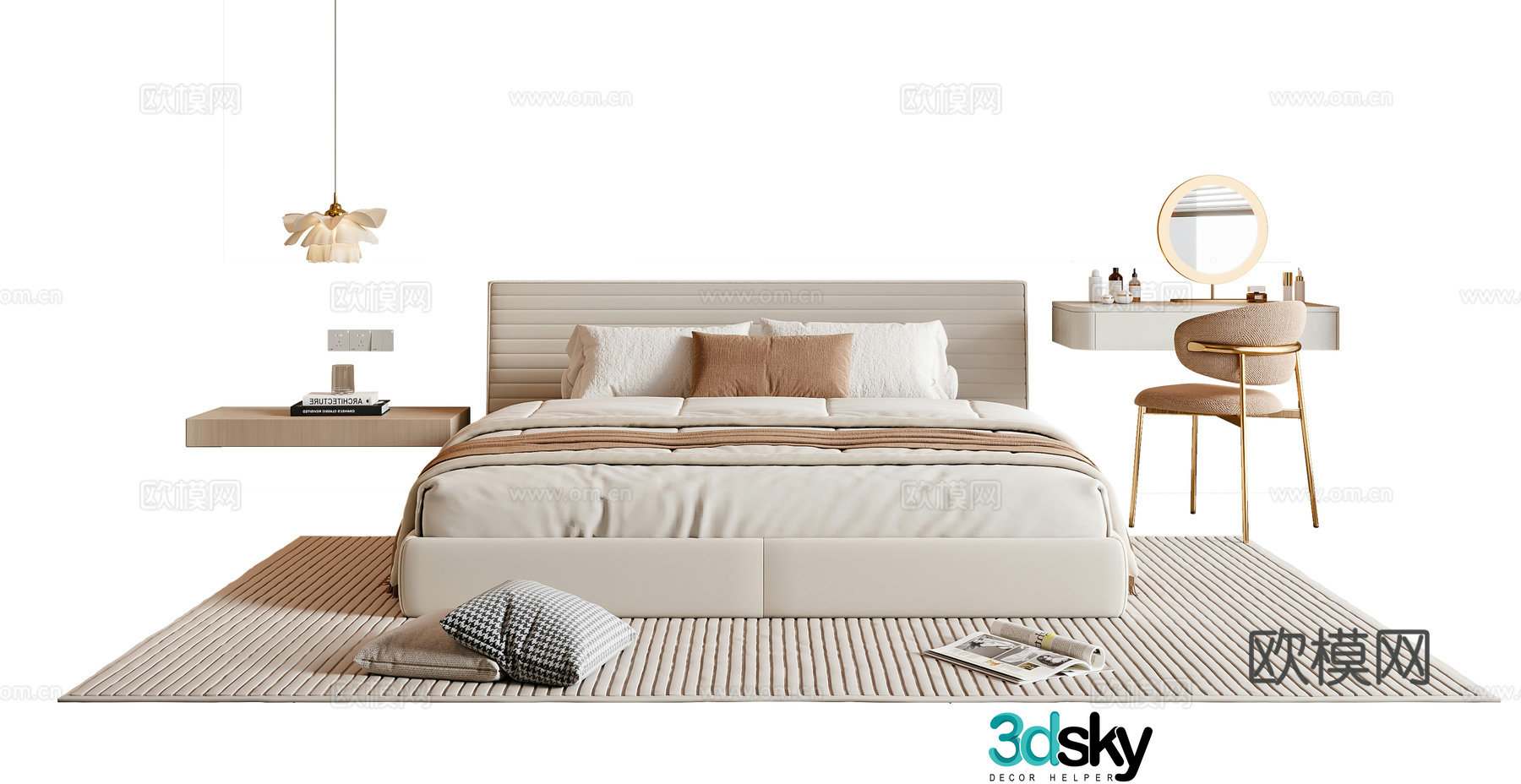Cream style double bed 3d model