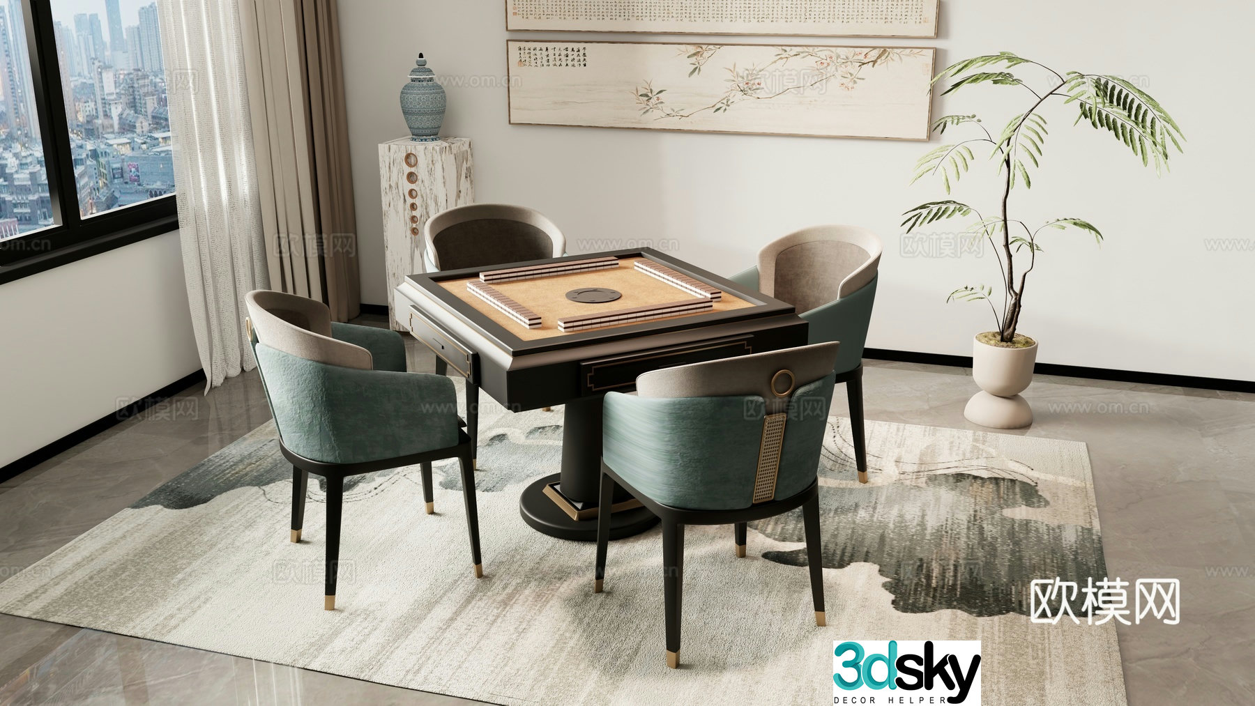 New Chinese style mahjong tables and chairs chess and card tables and chairs 3D model