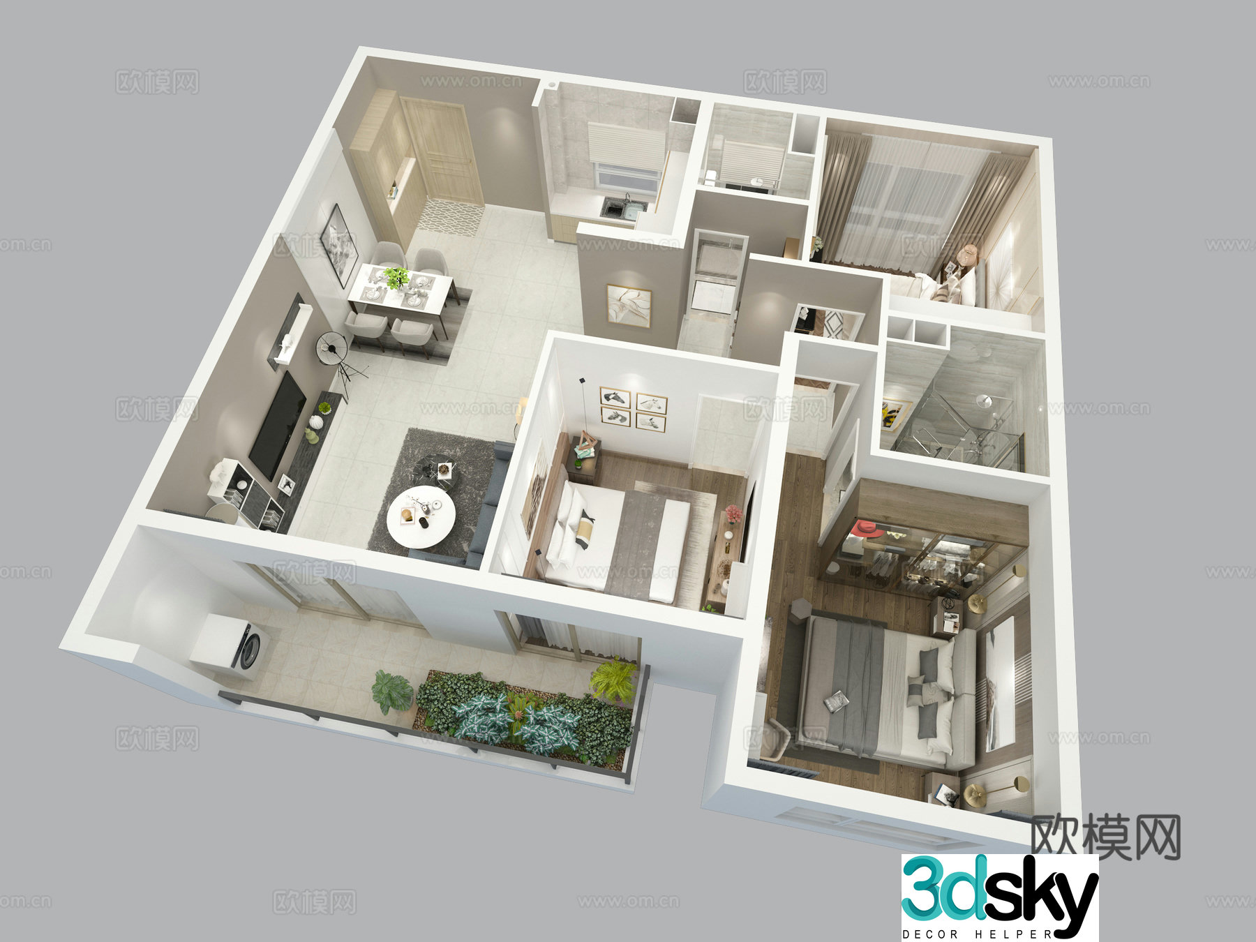 Aerial view 3D model of home decoration model room
