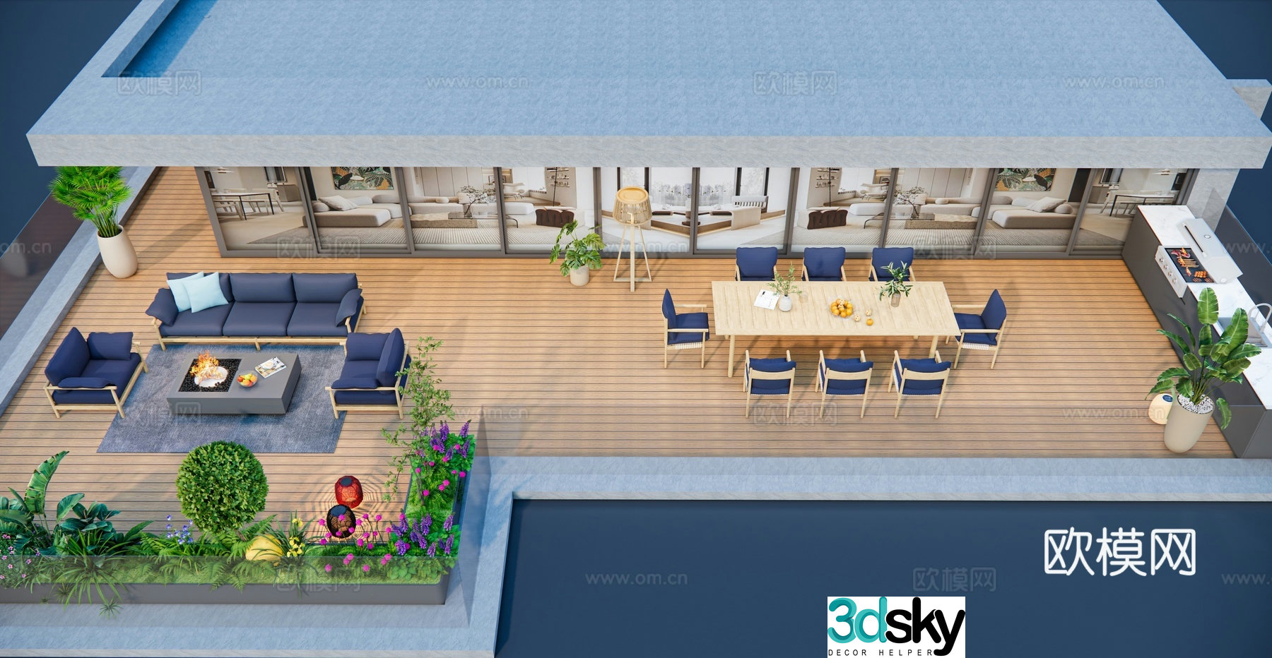 Modern roof garden terrace landscape 3d model