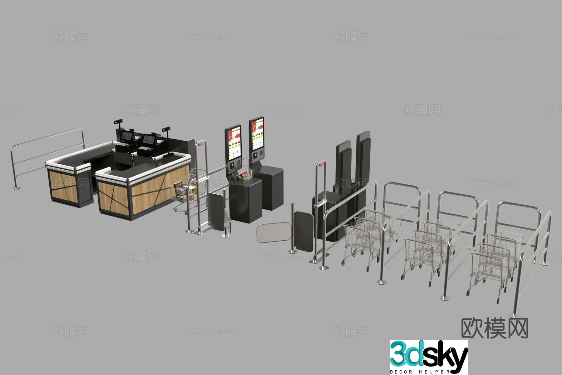 Modern supermarket shelves cashier unmanned cash register shopping blue 3d model