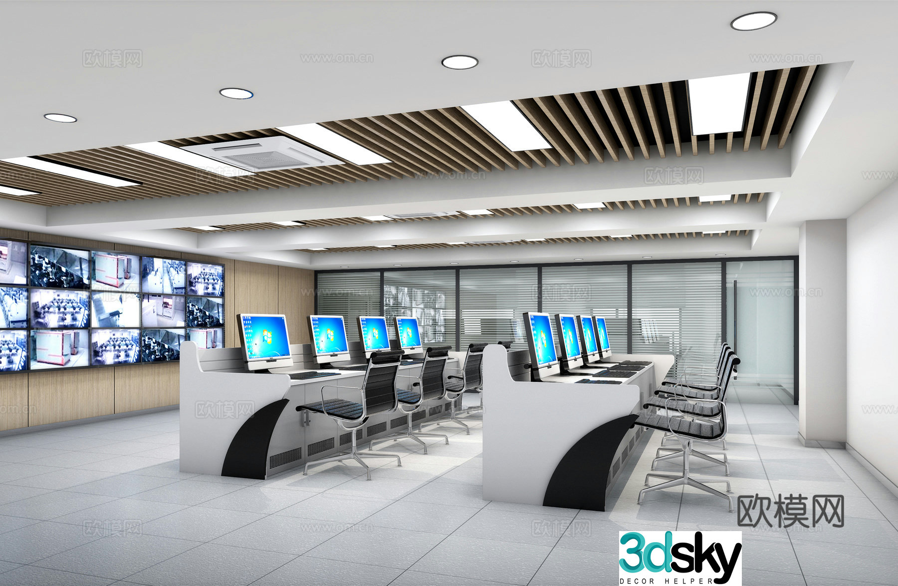 Modern monitoring room control room command center 3d model