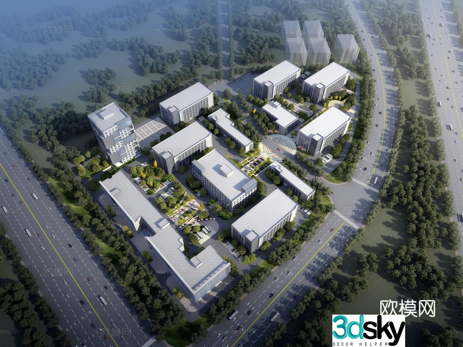 Aerial view of industrial park 3D model of industrial park