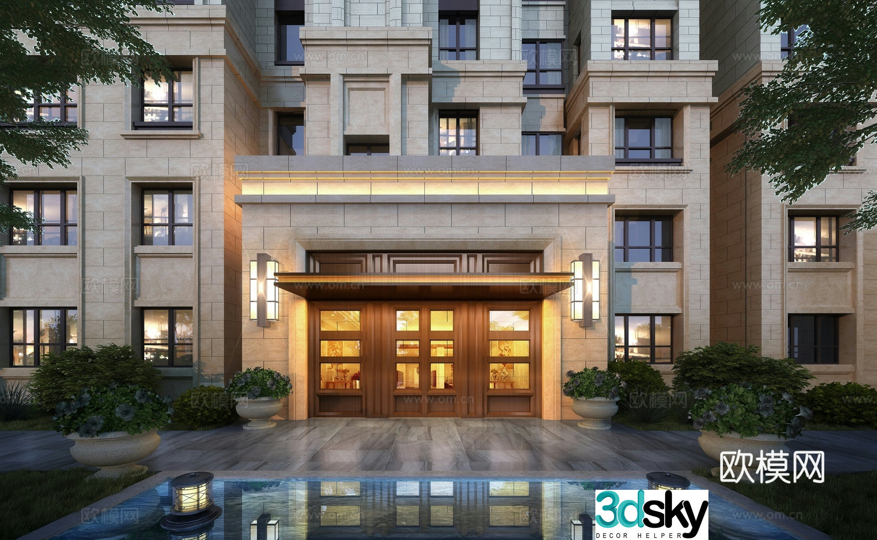 3D model of entrance door of new Chinese-style residential building
