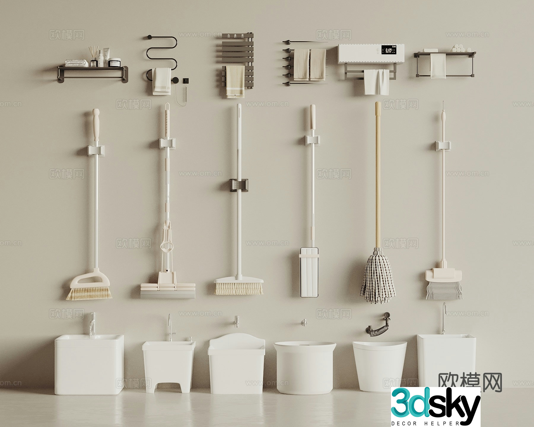 Mop pool broom mop towel rack 3d model