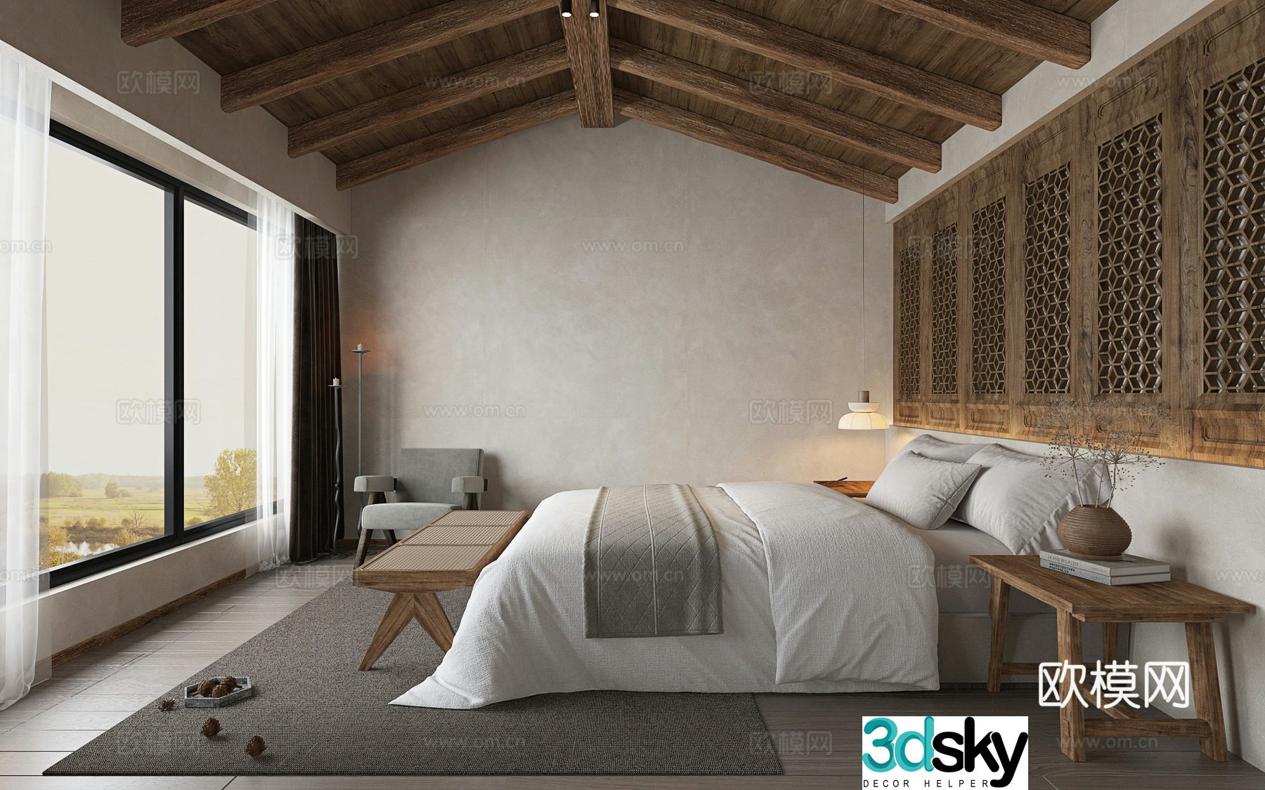 New Chinese style B&B rooms hotel rooms 3D model