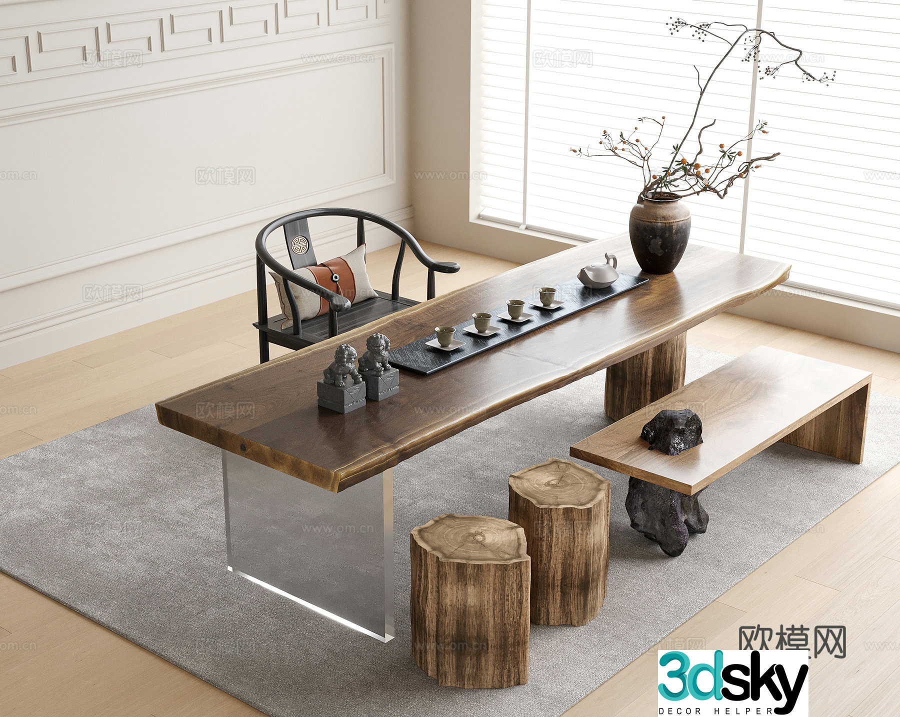 New Chinese tea table and chairs 3d model